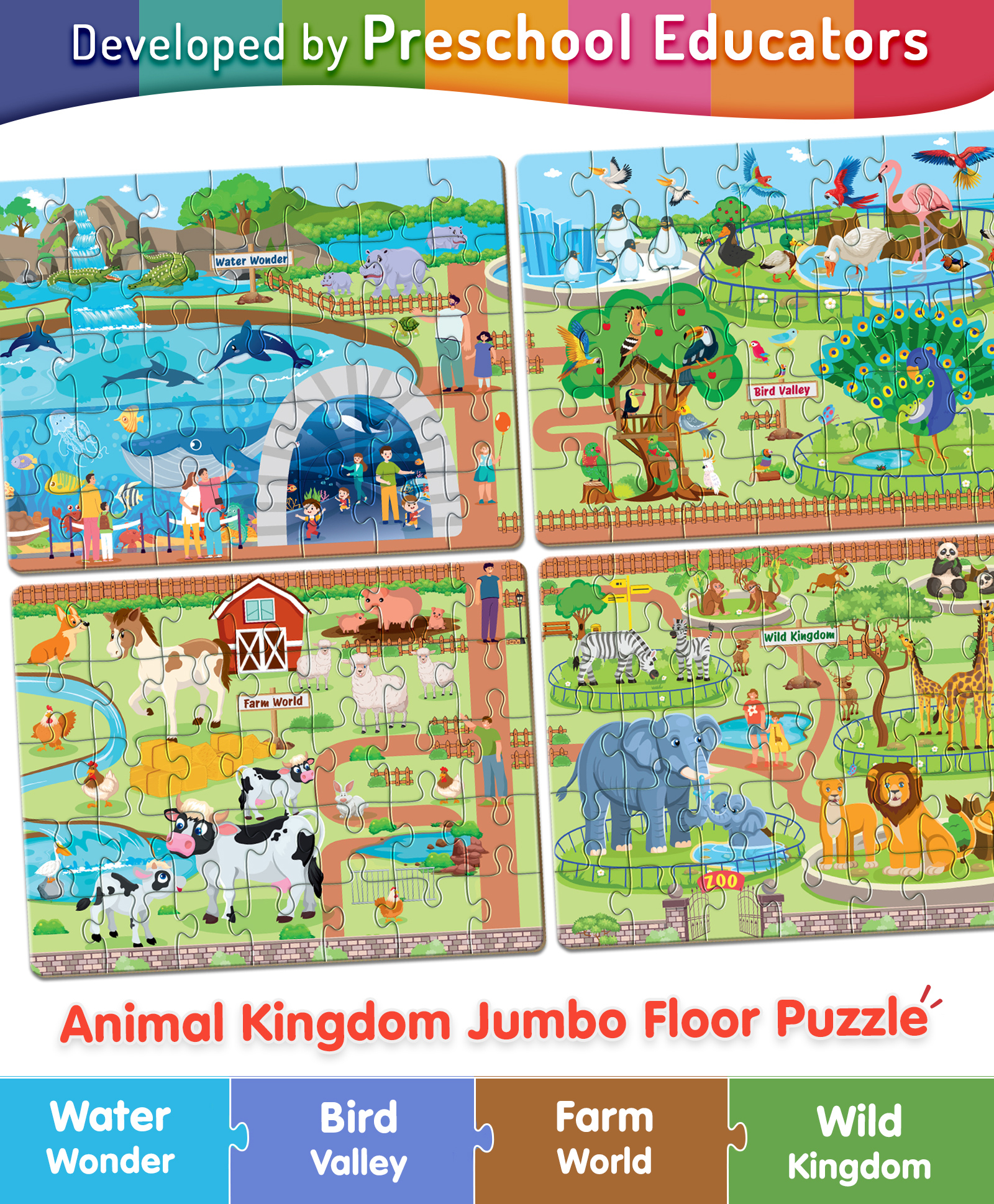 Intelliskills 4-in-1 Animal Kingdom Jigsaw Puzzle (Set of 4) | Multicoloured, 140 Pieces | For Gifting | Enhances Animal Recognition, Cognitive Development | BIS Certified | Educator Recommended