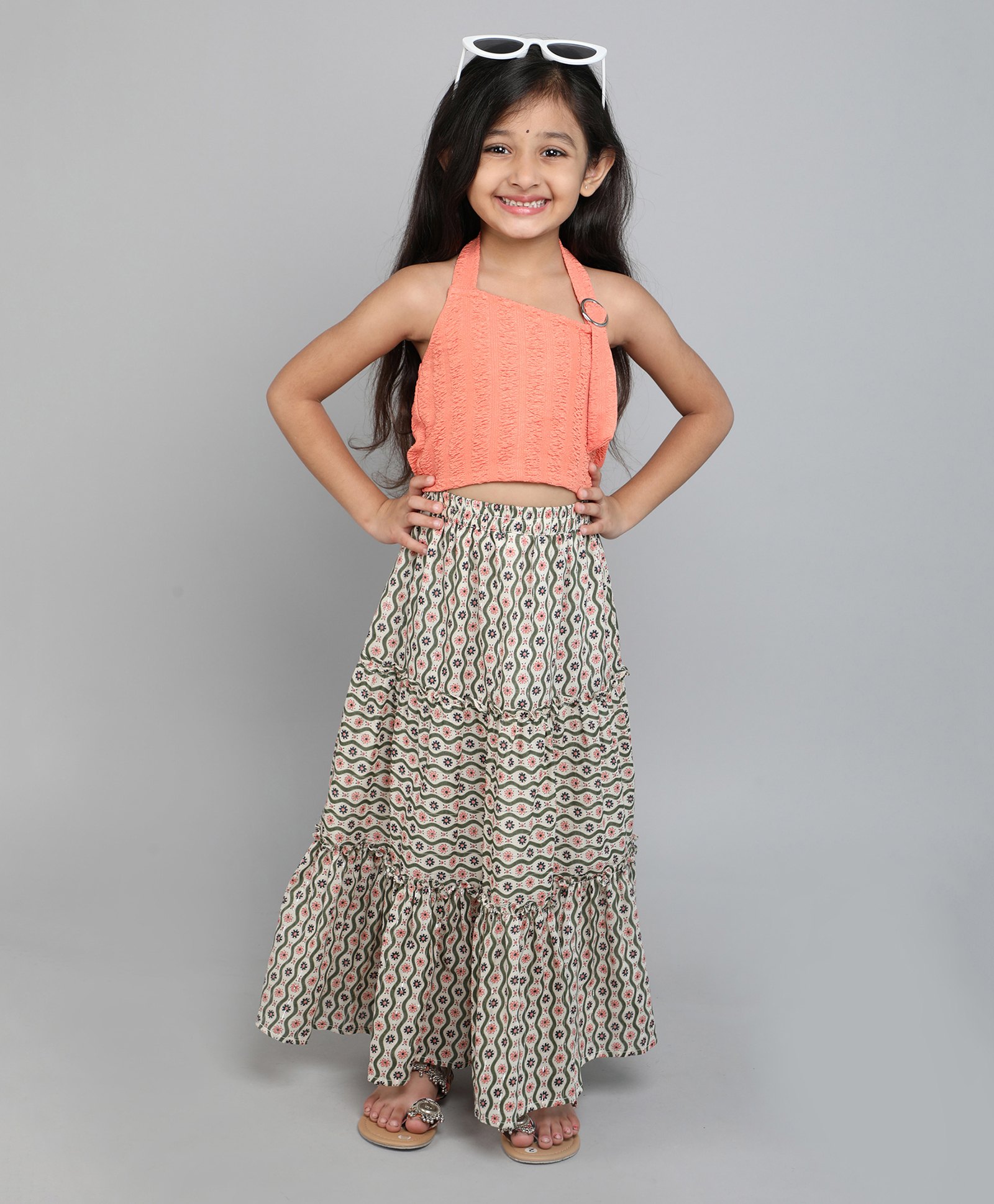 Taffykids Sleeveless Textured Crop Top With Floral Printed Tired Long Skirt Set - Peach & Green-image-7