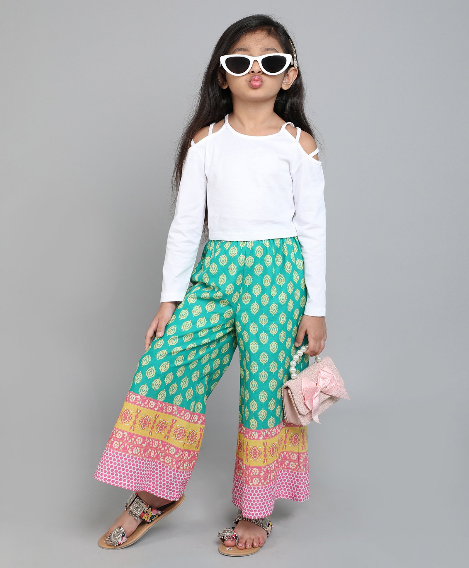 Taffykids Cotton Jersey Full Sleeves Cold Shoulder Solid Crop Top & Ethnic Motifs Printed Palazzo Set - White & Green-image-34