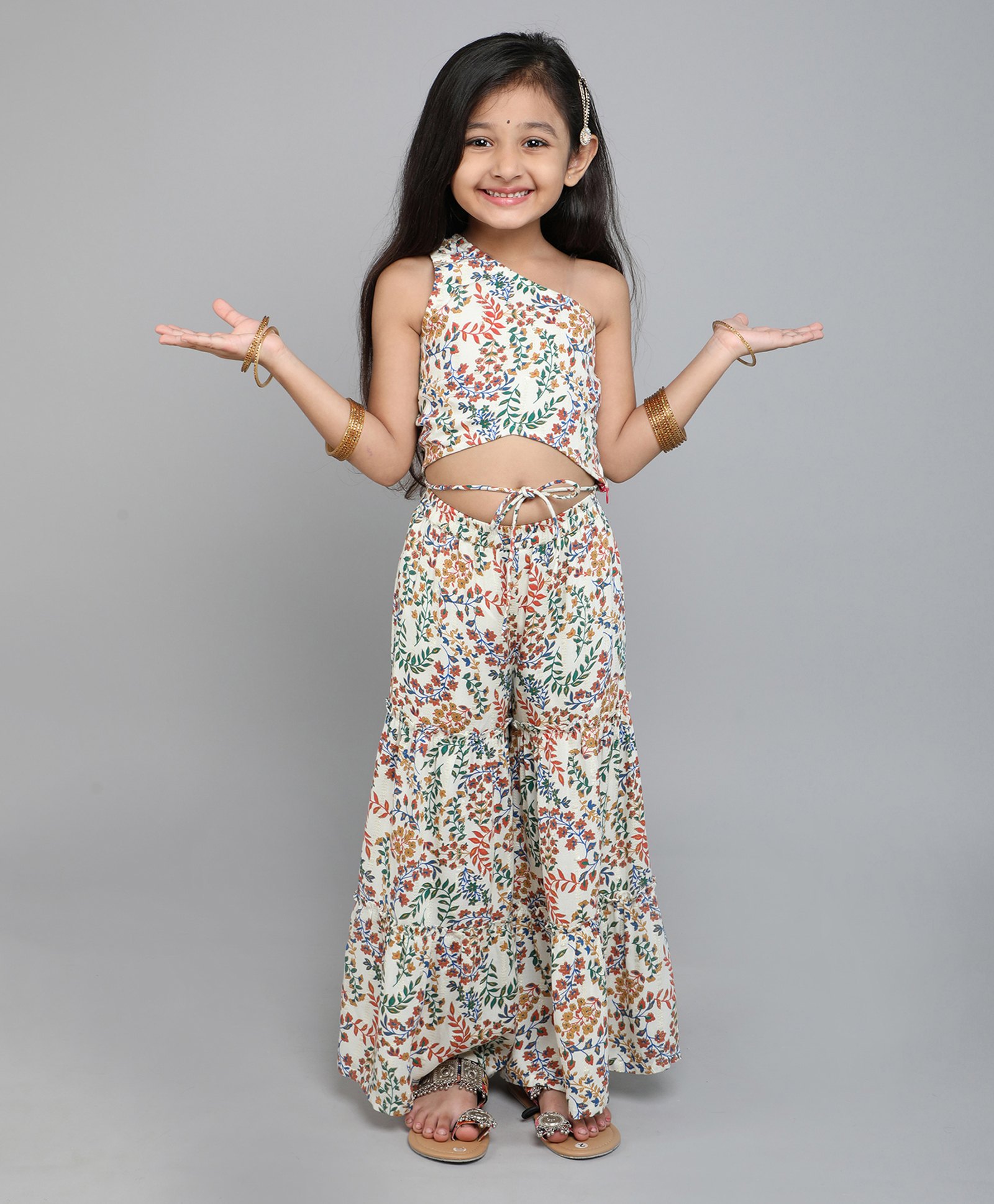 Taffykids One Shoulder Floral Printed Waist Tie Up Detailed Ethnic Crop Top With Coordinating Tier Pant Set - Multi Colour-image-37
