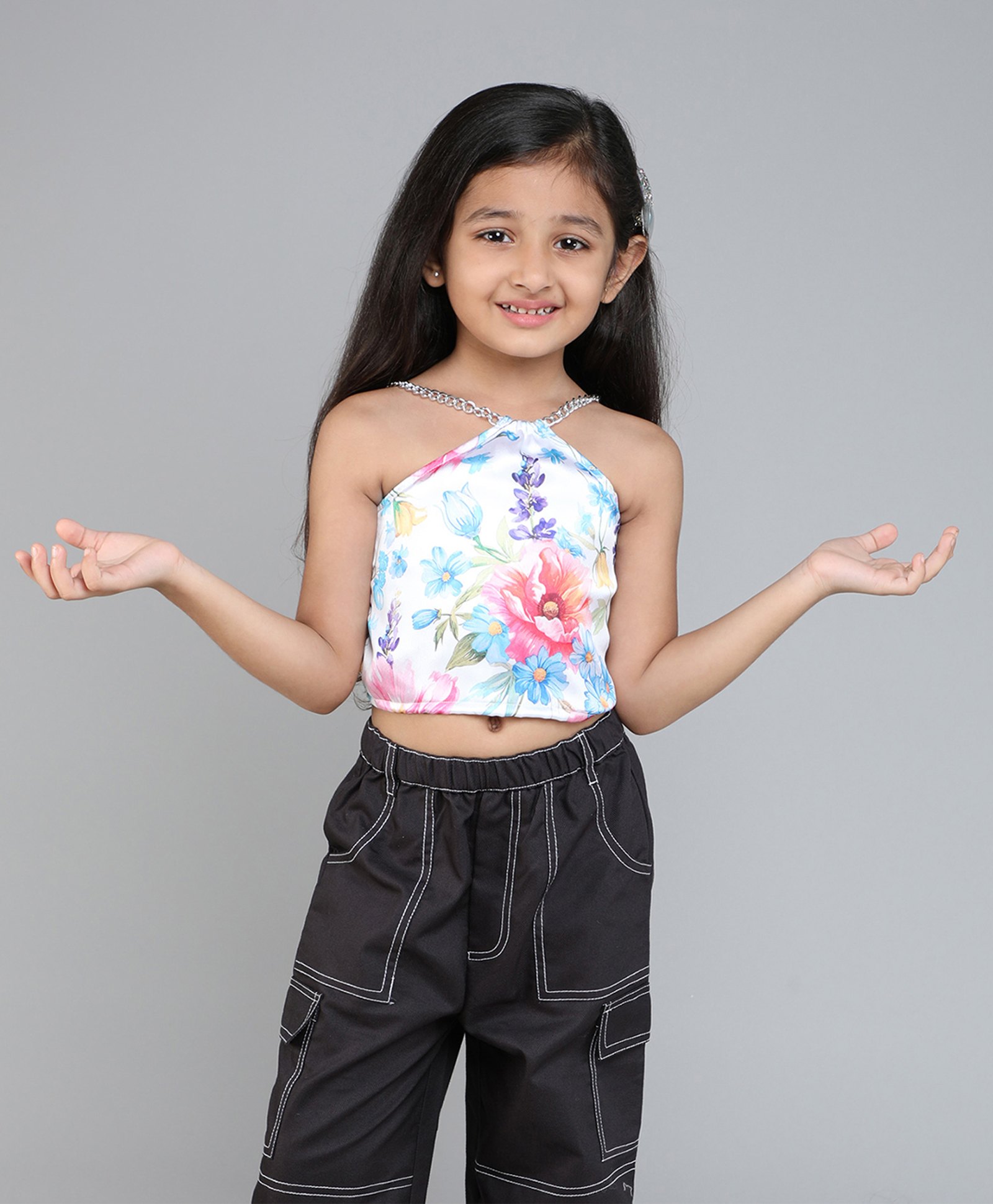 Taffykids Satin Sleeveless Floral Printed Crop Top - White & Multi Colour-picture-17