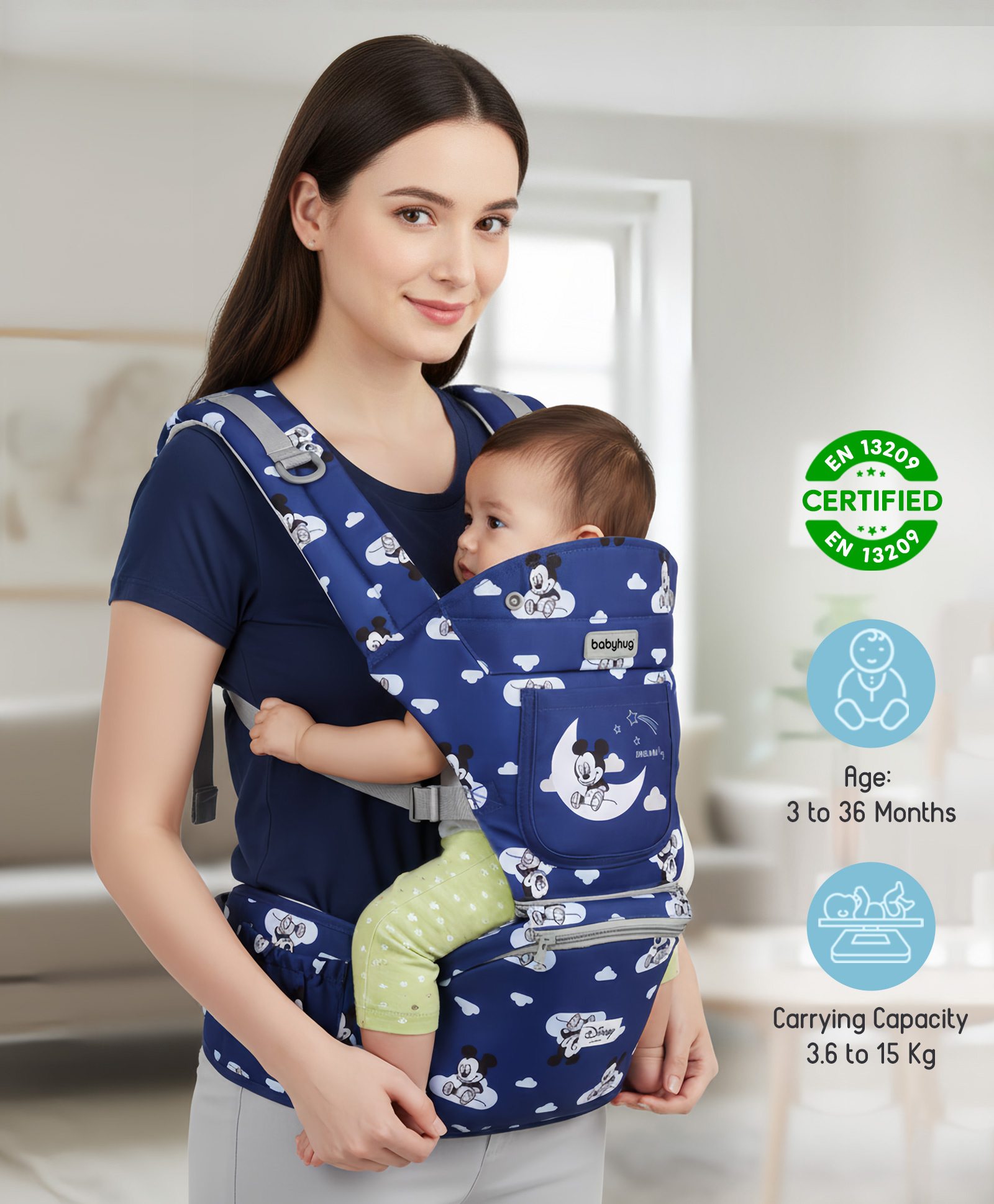 Babyhug MickeyMouse PrintHip Seat Baby Carrier - Dark Blue