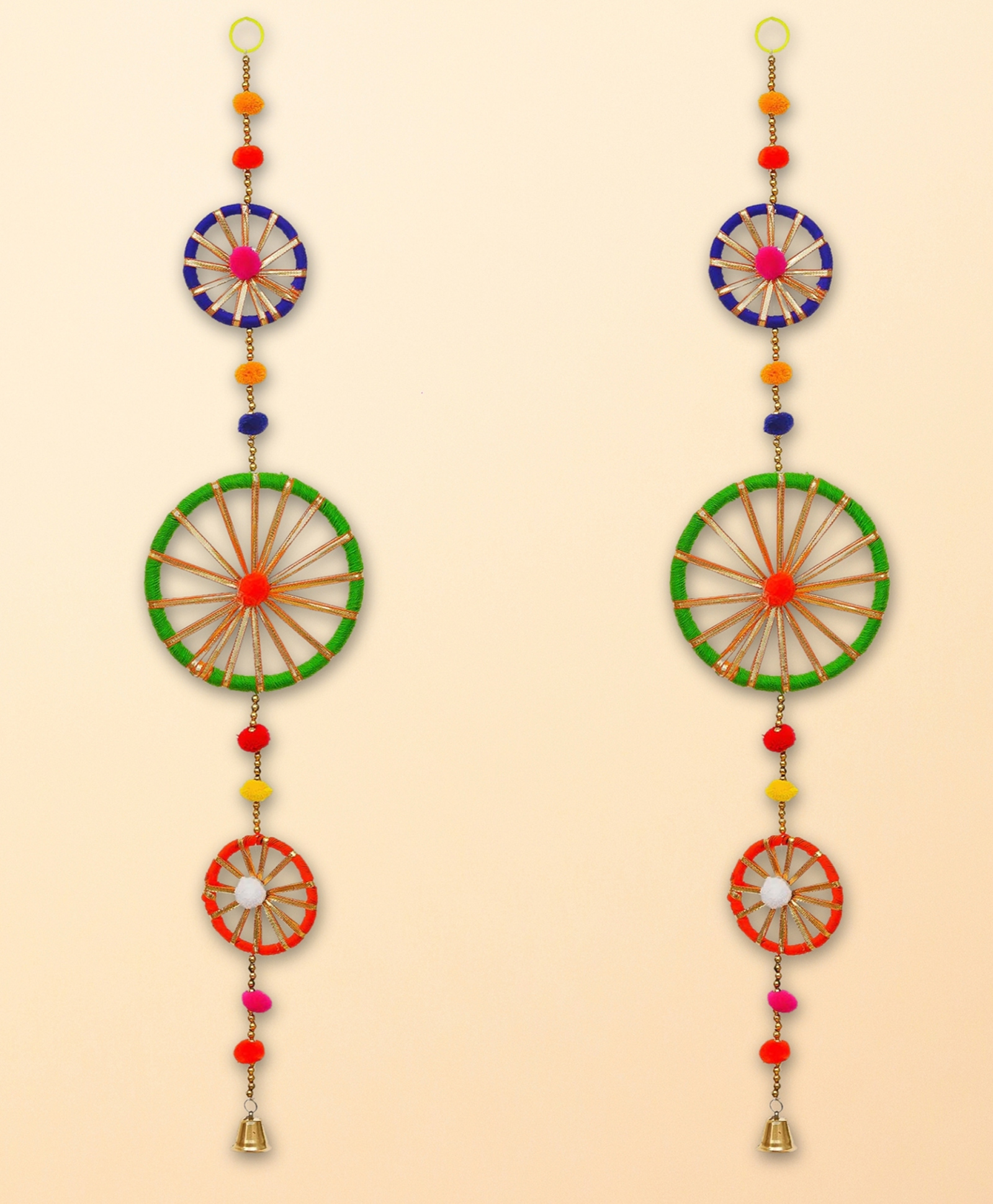 eCraftIndia 2 Pieces Red & Green Rings with Pom-Pom Tassels Bell Wall Hangings-picture-15