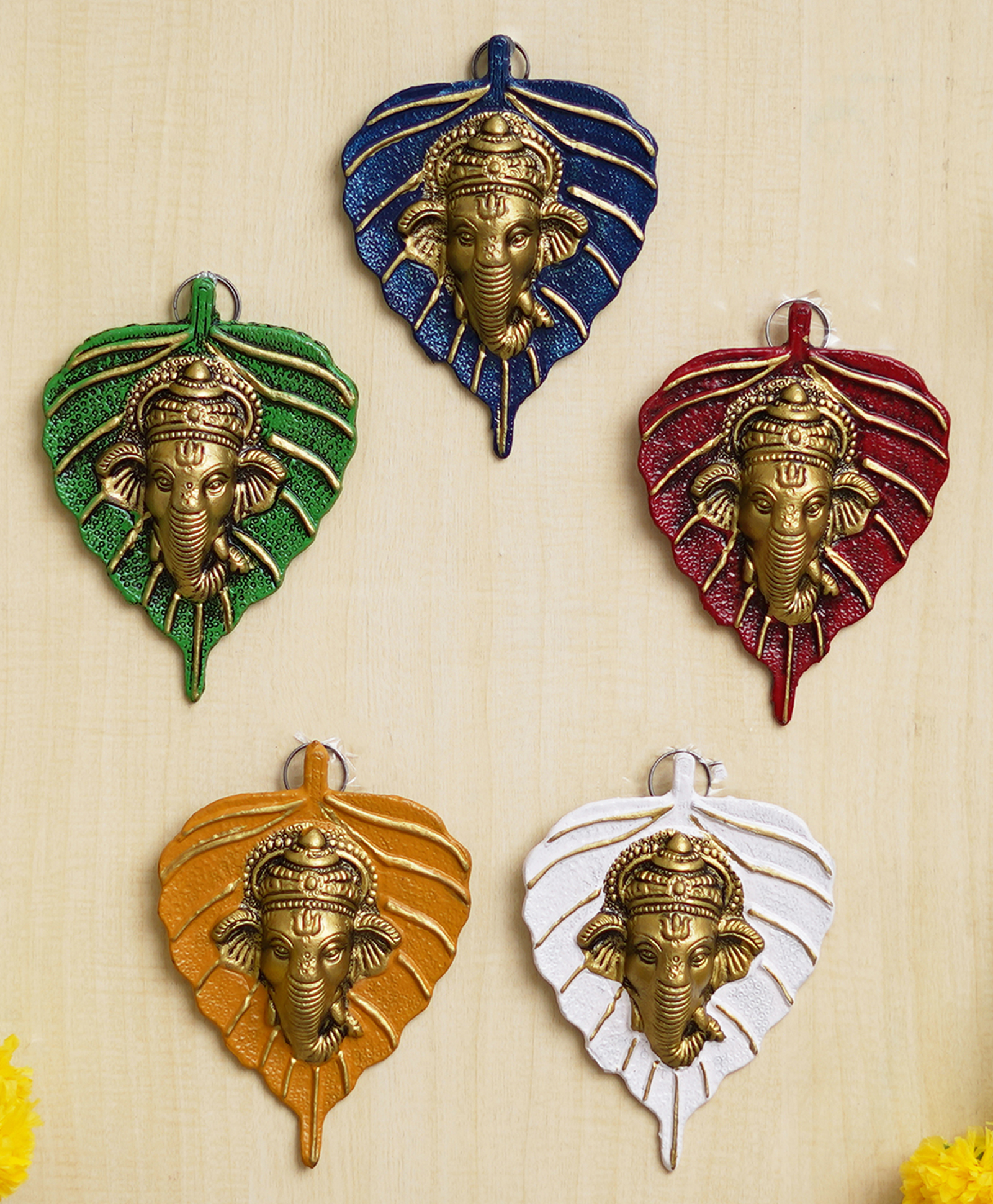 eCraftIndia Set of 5 Decorative Lord Ganesha Face On Leaf Wall Hanging- Multicolor-image-10