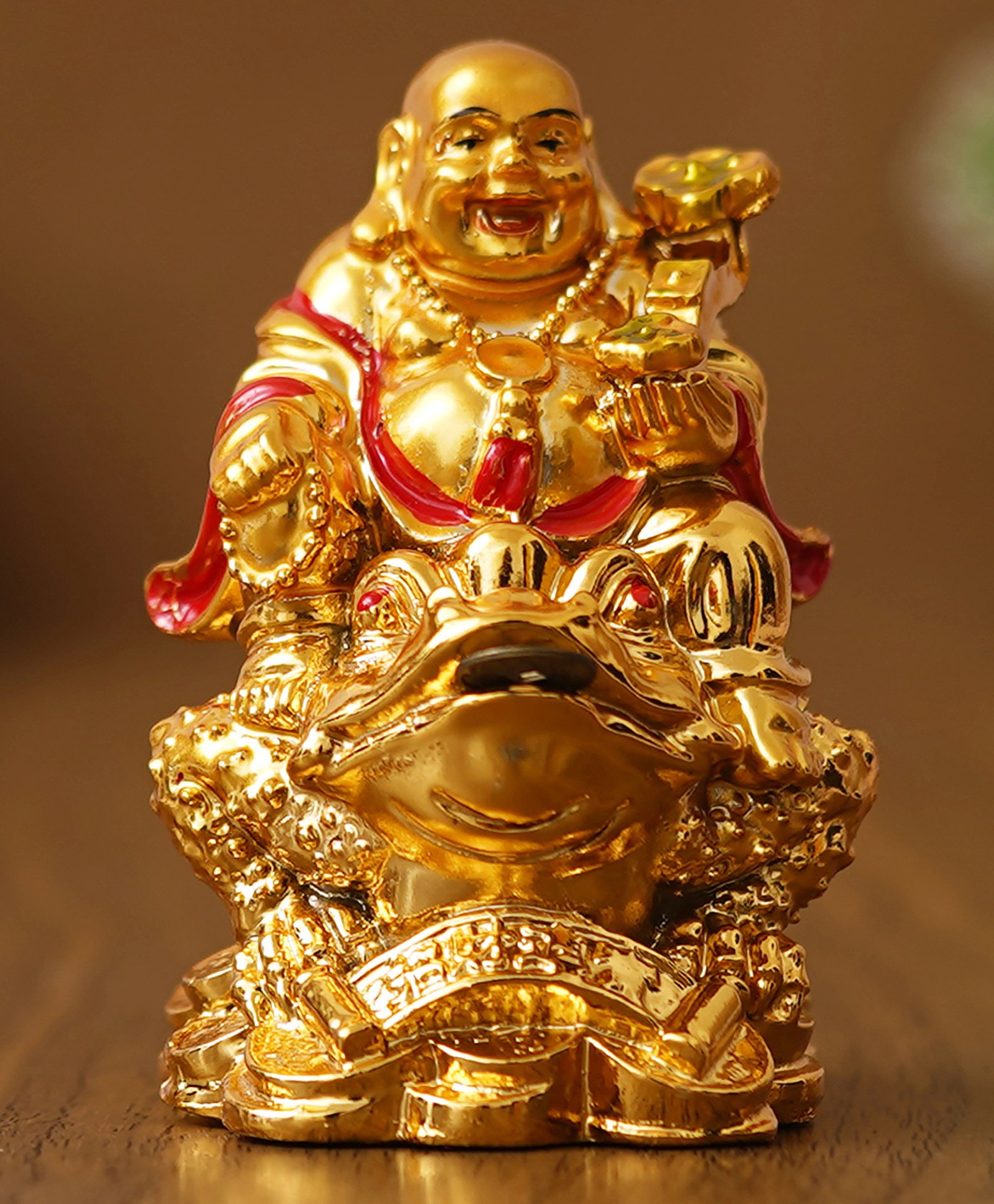 eCraftIndia Golden Polyresin Feng Shui Laughing Buddha Statue Sitting on Frog-image-3