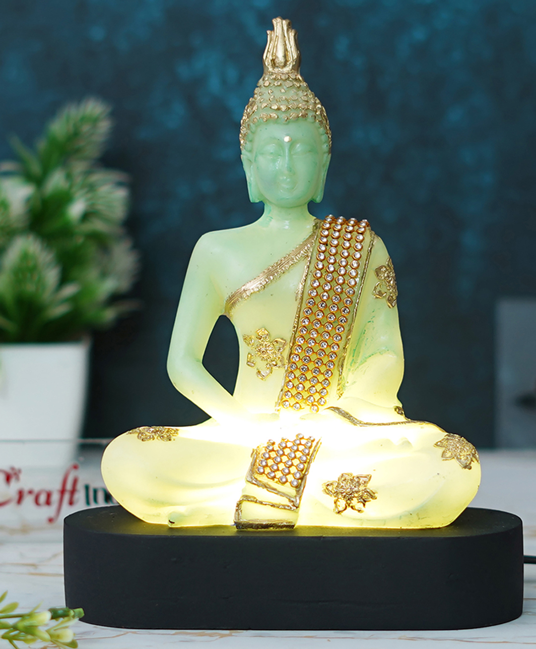 eCraftIndia Green and Golden Polyresin Handcrafted Meditating Lord Buddha Statue- Green-image-7