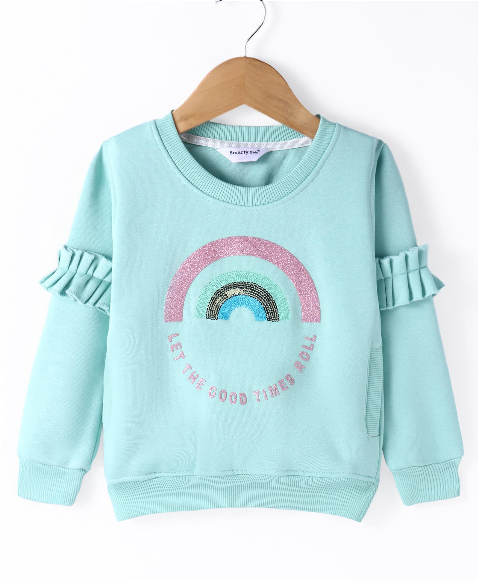 Smarty Girls Fleece Knitted Full Sleeves Sweatshirt With Text Print & Sequined Embroidery - Aqua Blue-picture-36