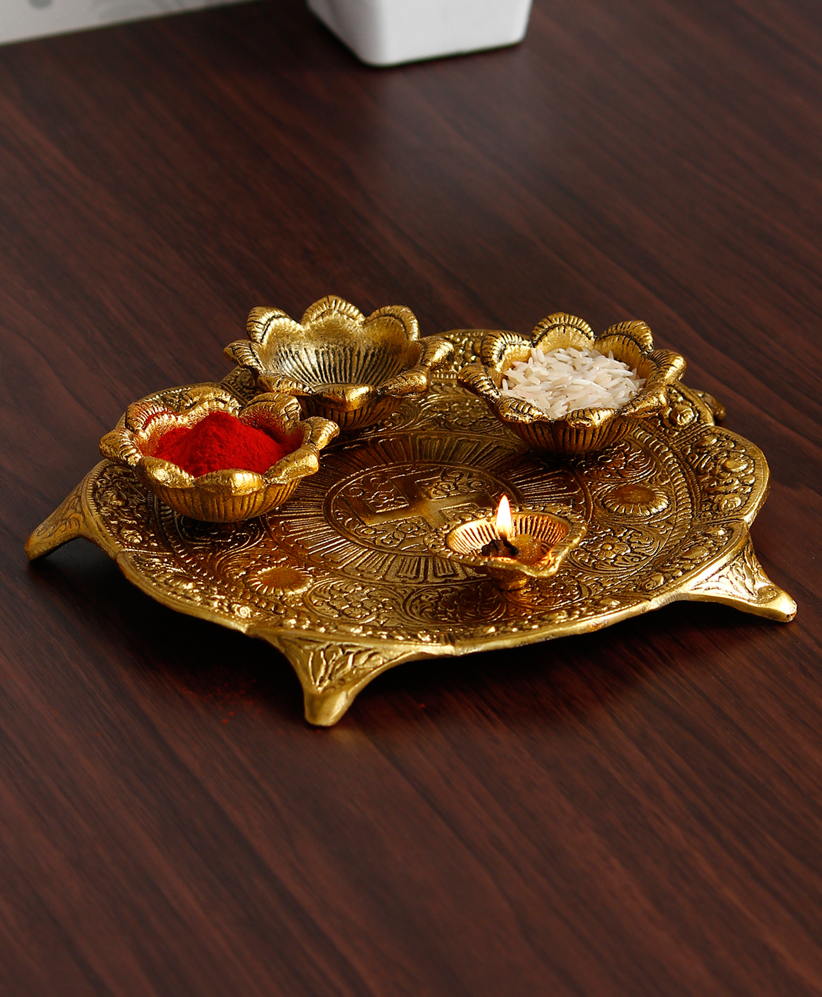 eCraftIndia Golden Metal Swastik Designer Pooja Thali with 3 Bowls and 1 Diya-image-28