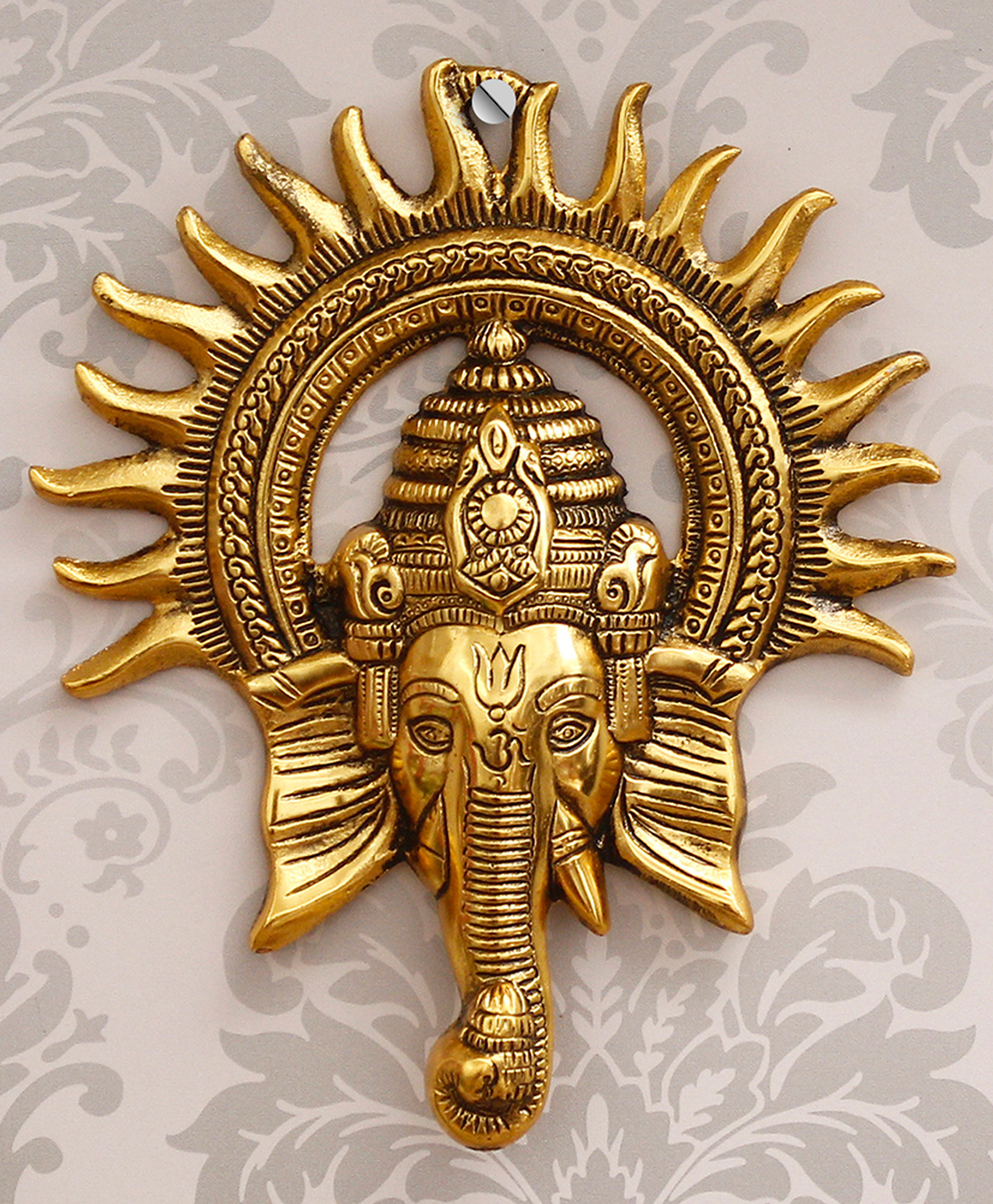 eCraftIndia Golden Lord Ganesha Face With Sun Decorative Metal Wall Hanging Showpiece