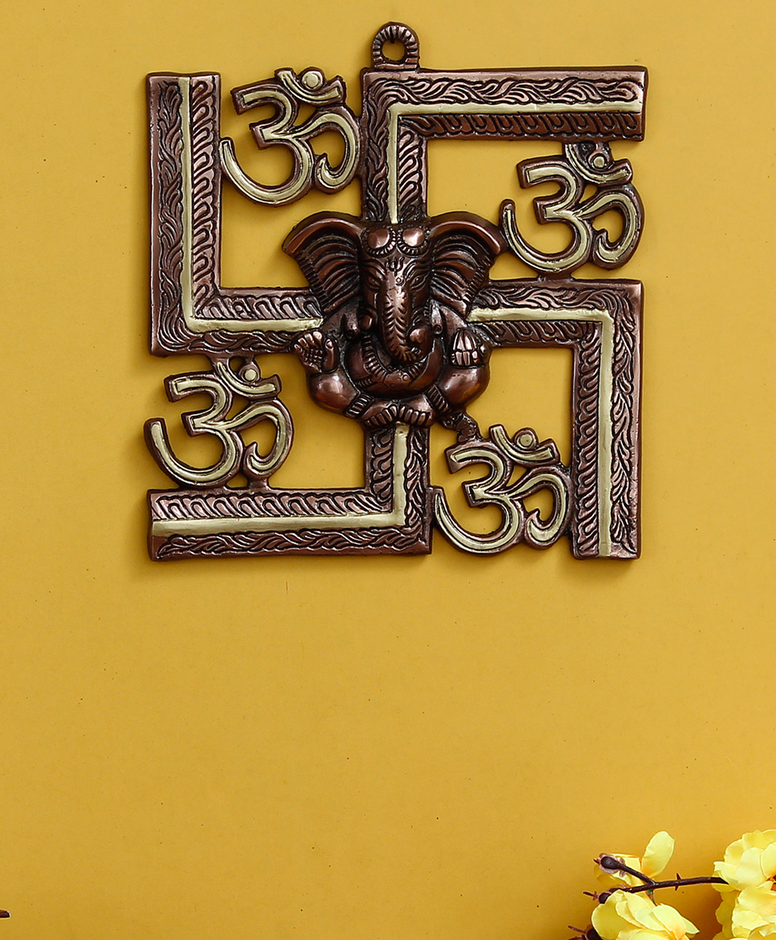 eCraftIndia Brown Swastik And Om Symbol With Lord Ganesha Metal Wall Hanging Art-image-46