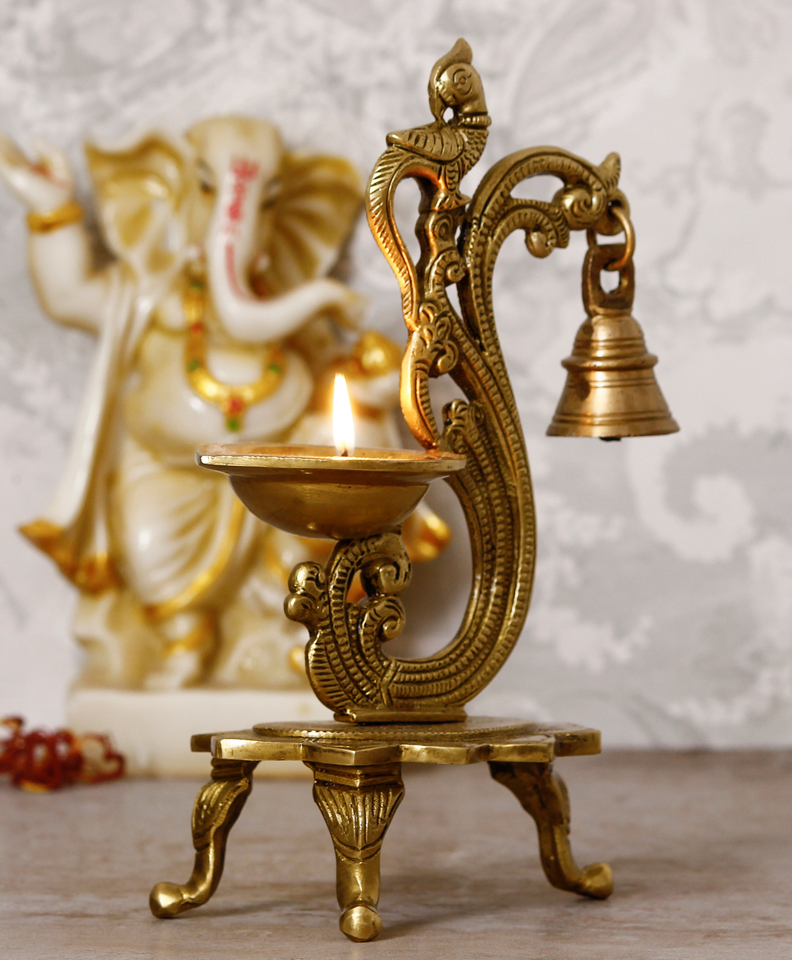 eCraftIndia Antique Finish Decorative Handcrafted Brass Parrot Showpiece Diya with Bells and Stand-image-4