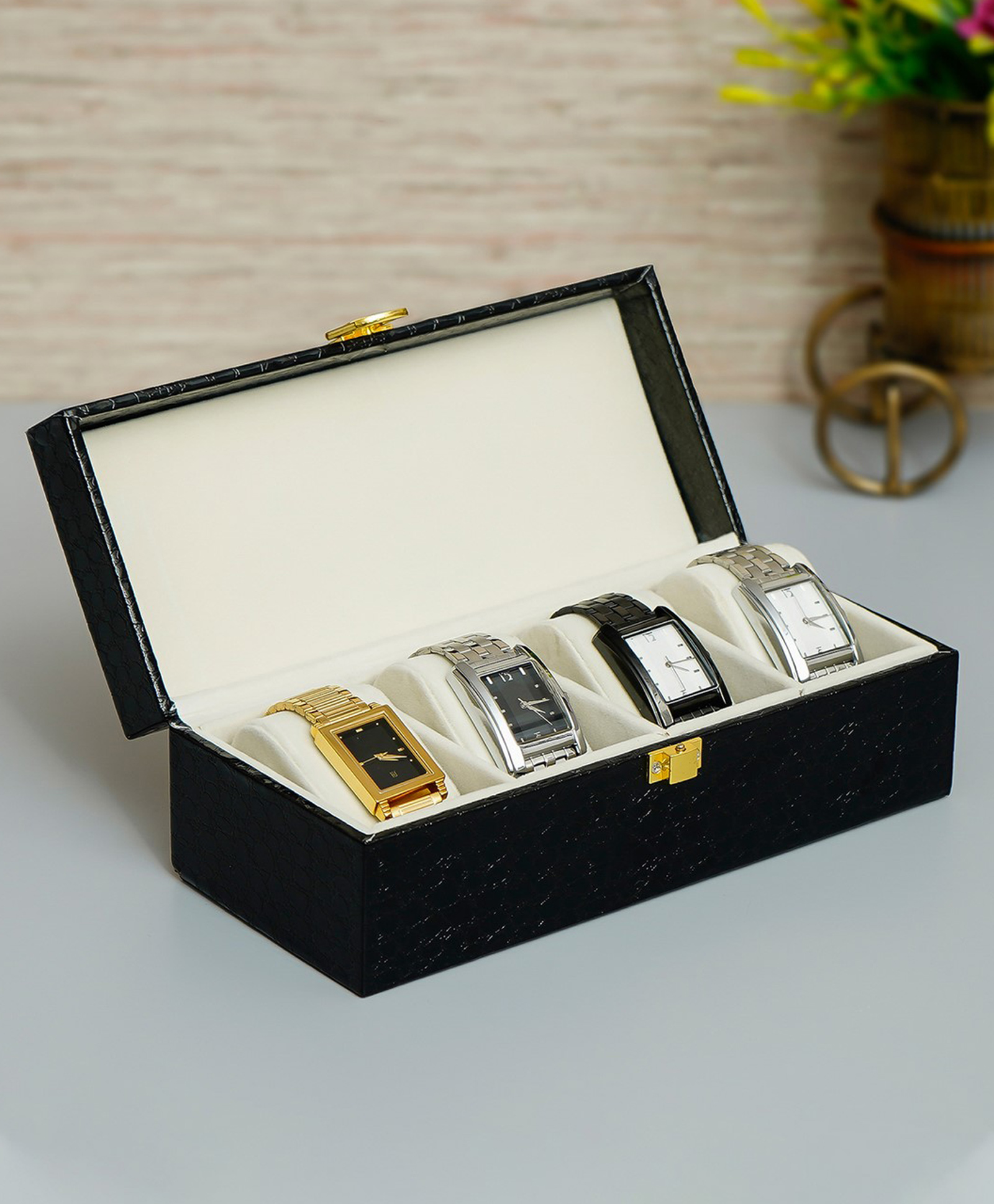 eCraftIndia Black Rexine Watch Organizer Box with 4 Inner Cushions-image-3