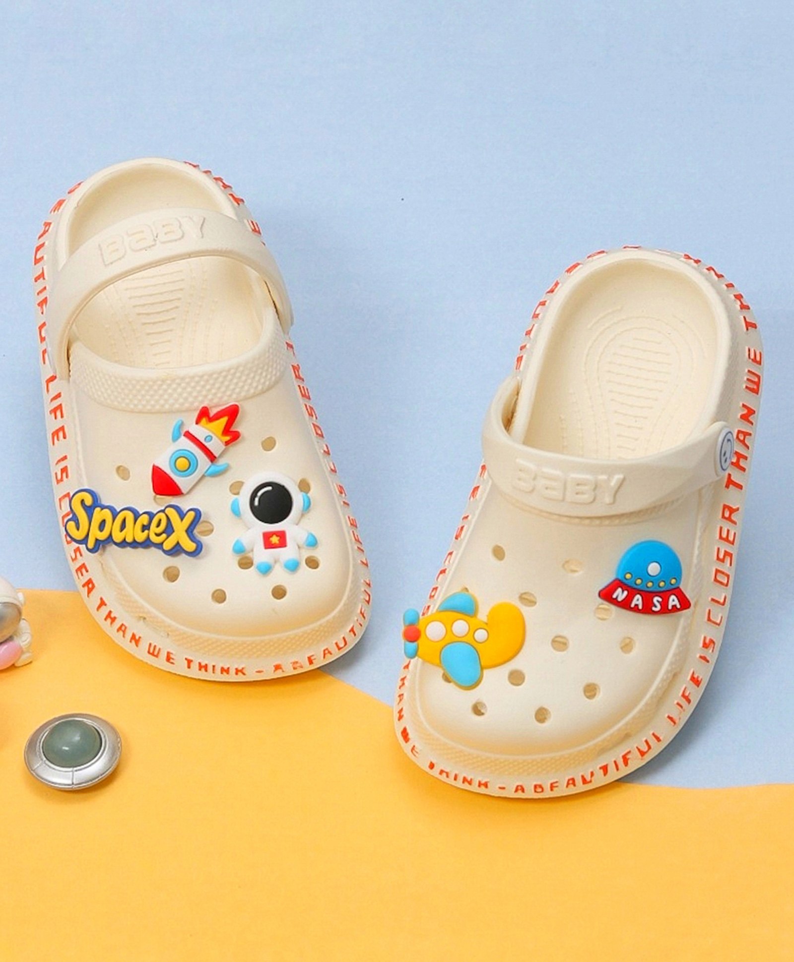 Yellow Bee Rubber Space Theme Applique Detail Clogs - White-image-1