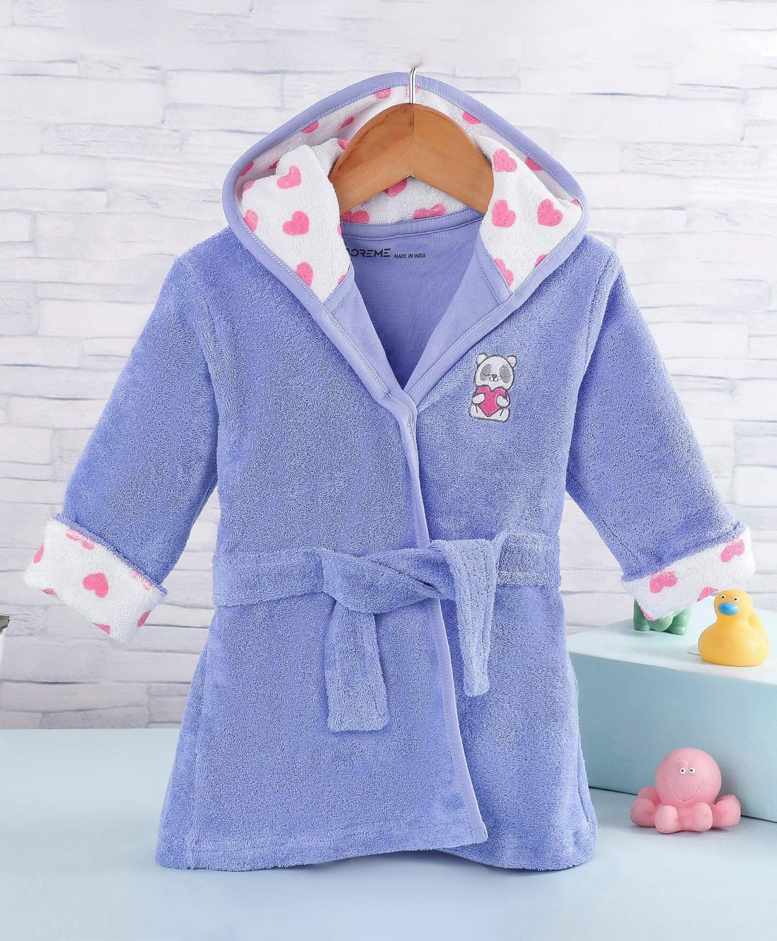 Doreme Terry Full Sleeves Hooded Bath Robe with Panda Patch - Blue-picture-20