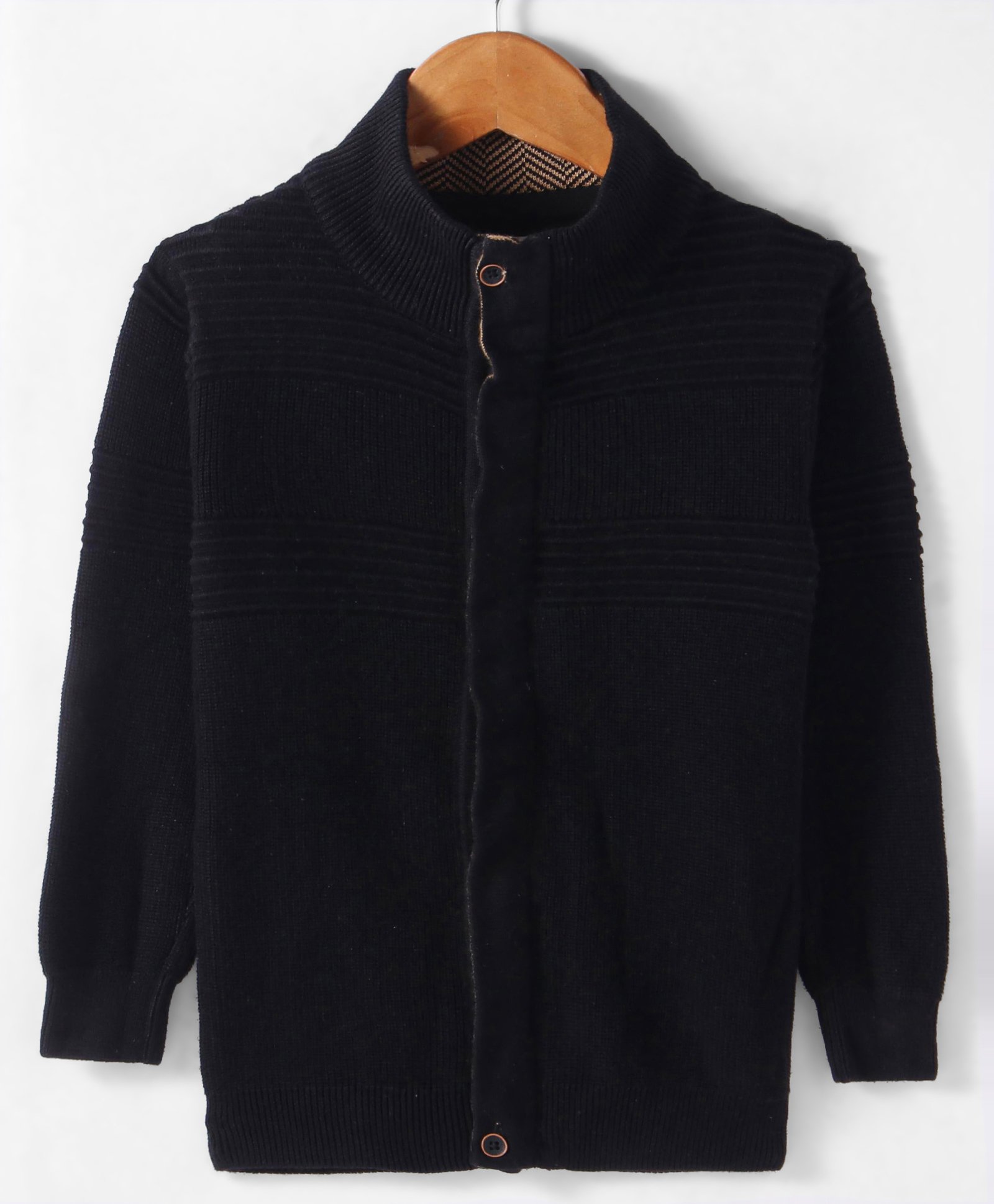 Smarty Boys 100% Cotton Flatknit Full Sleeves High Neck Front Open Sweater with Cable Knit Design - Black-image-31
