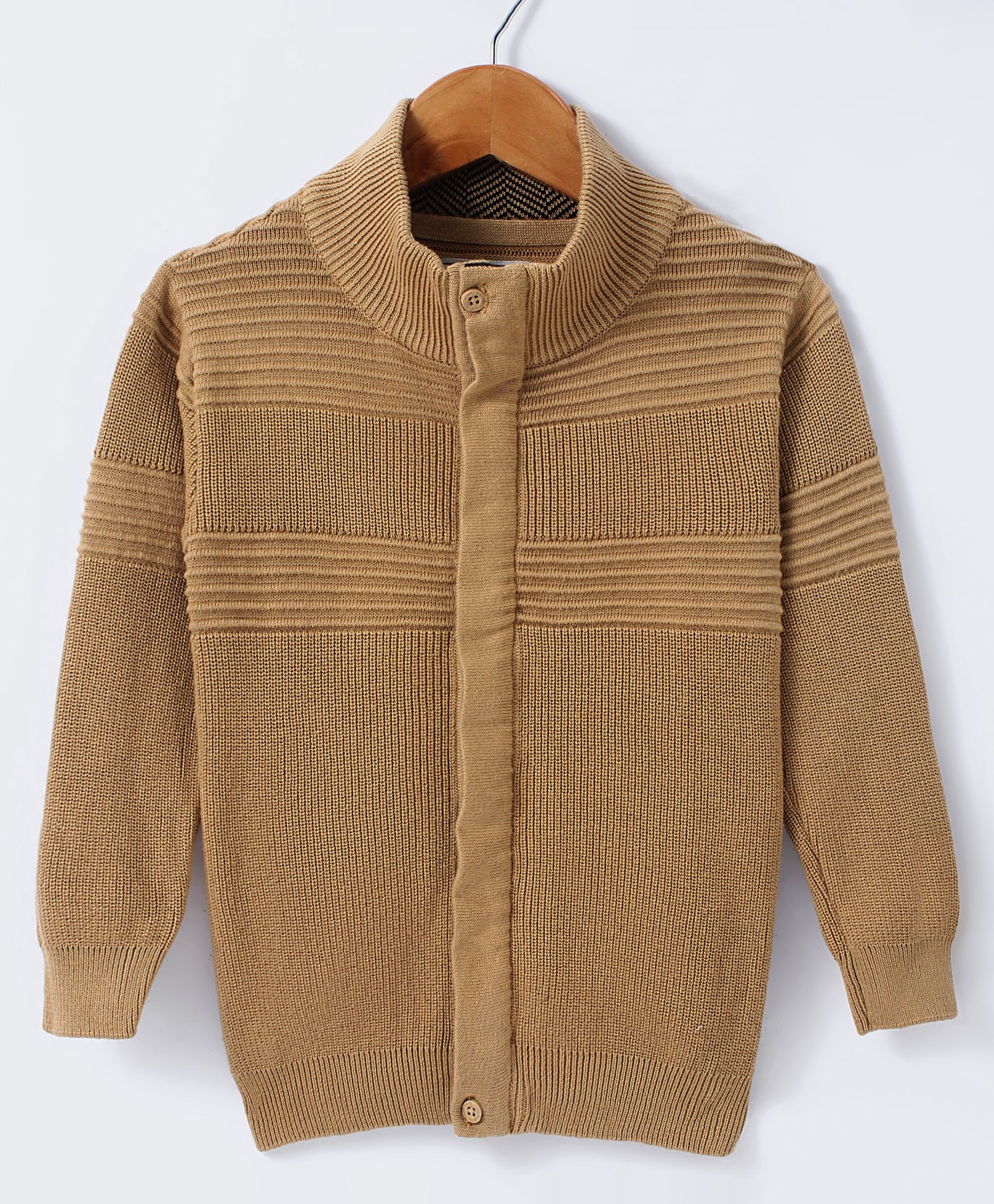 Smarty Boys 100% Cotton Flatknit Full Sleeves High Neck Front Open Sweater with Cable Knit Design - Tan-picture-38