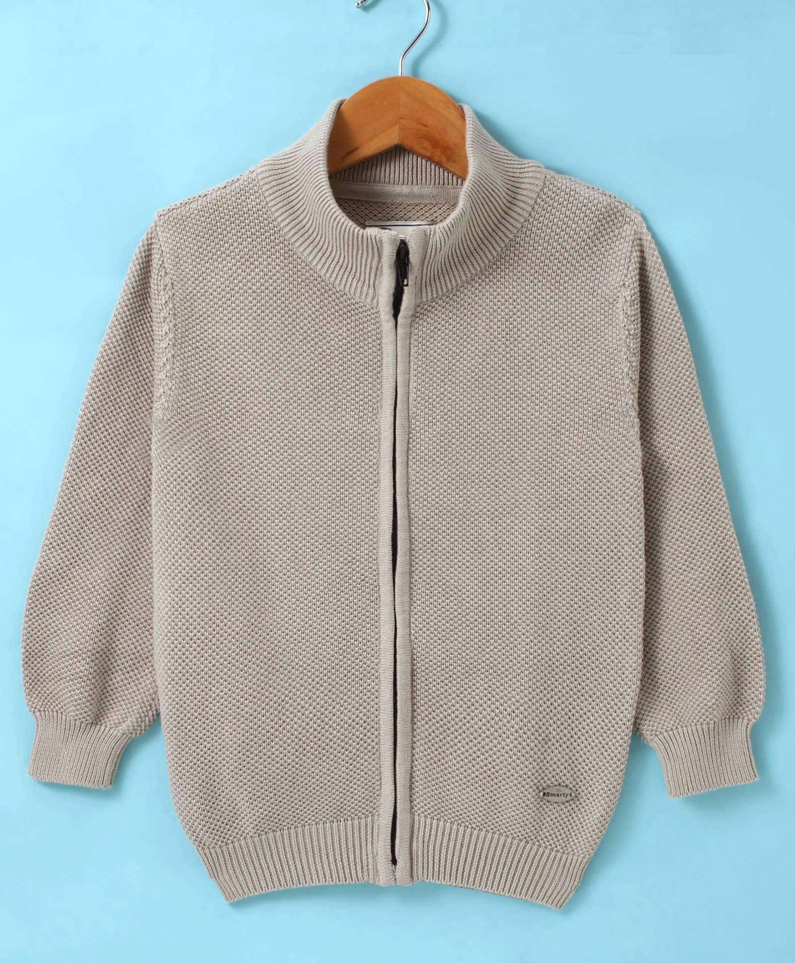 Smarty Boys 100% Cotton Flatknit Full Sleeves High Neck Front Open Sweater with Solid Colour - Grey-image-19