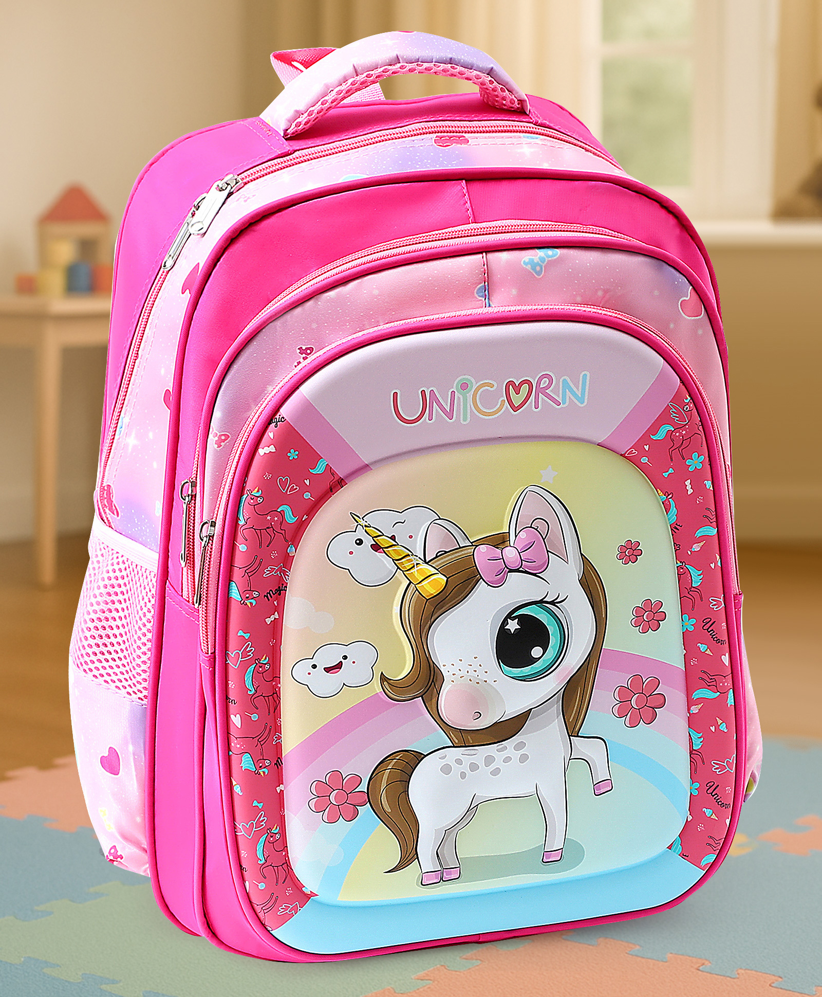 Unicorn Print Backpack Pink - Height 16 Inches-image-40