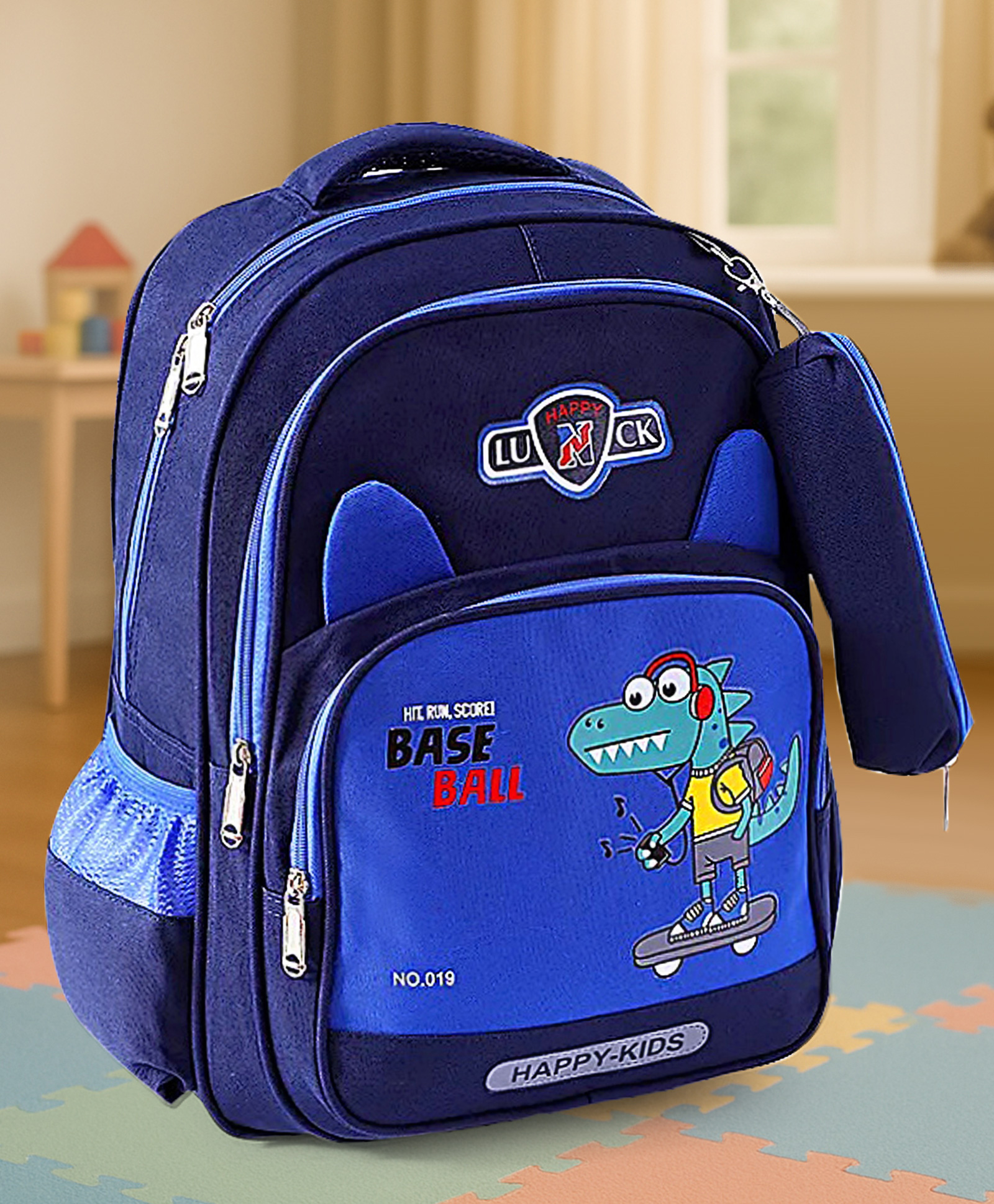 Dino Printed Backpack with Attached Pouch Navy Blue - Height 15 Inches-image-17