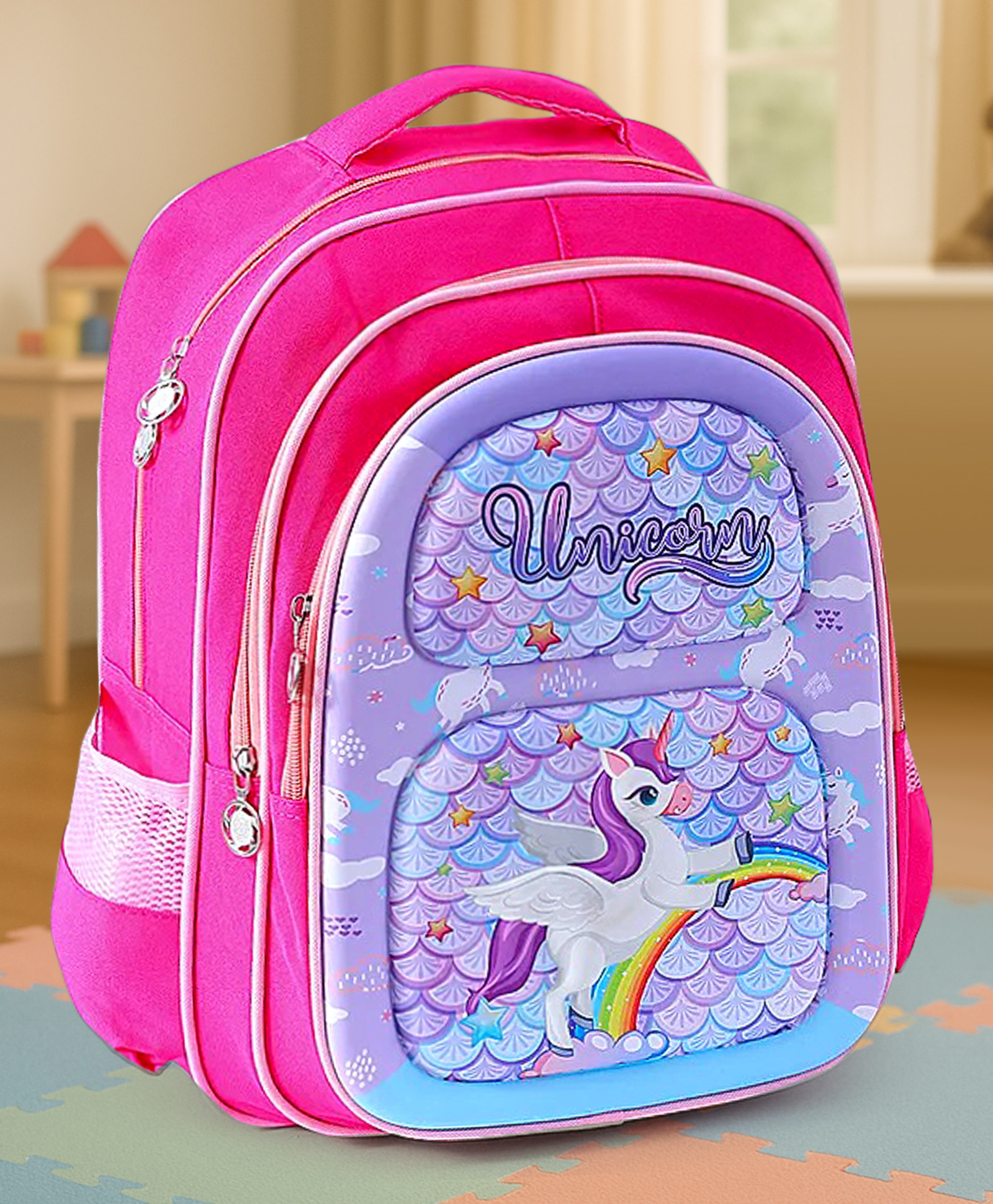 Unicorn Printed Backpack Pink - Height 15 Inches-image-3
