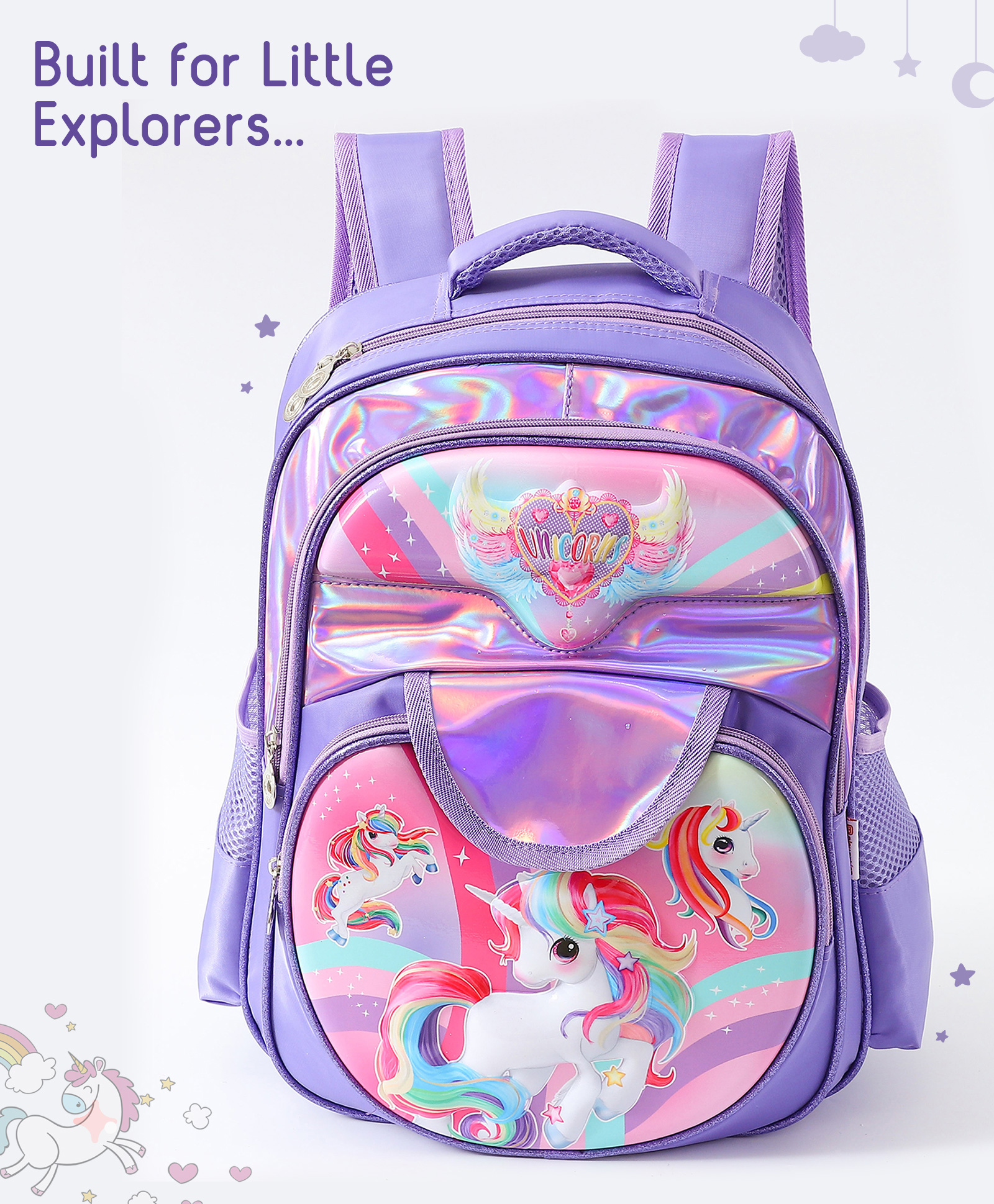 Play Nation Single Compartment School Bagwith Unicorn Print Purple - Height 16 Inches-image-5
