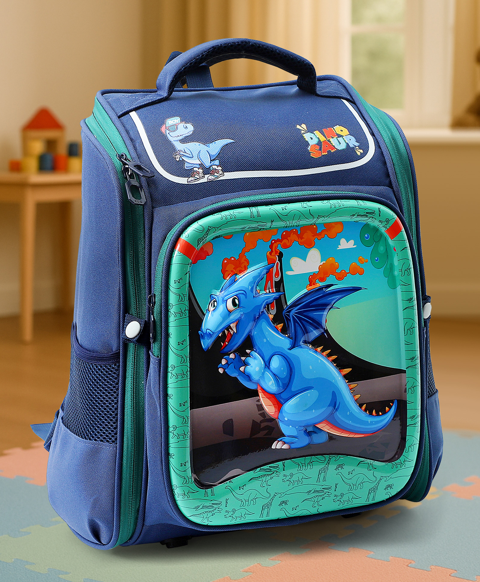 Dino Theme School Backpack Navy Blue - Height 15 Inches-image-5