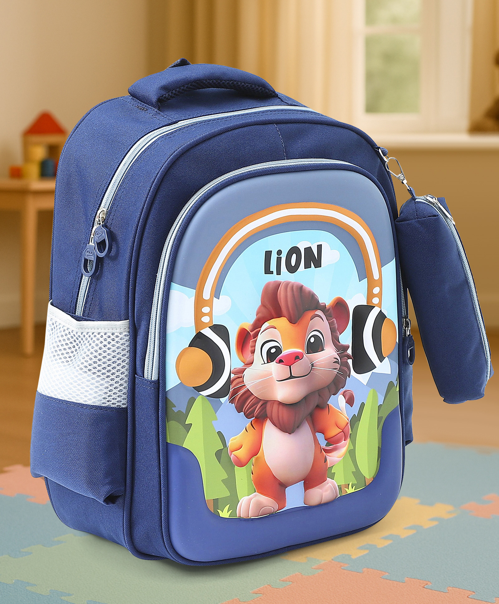 Lion Print School Backpack Blue - Height 16 Inches-image-8