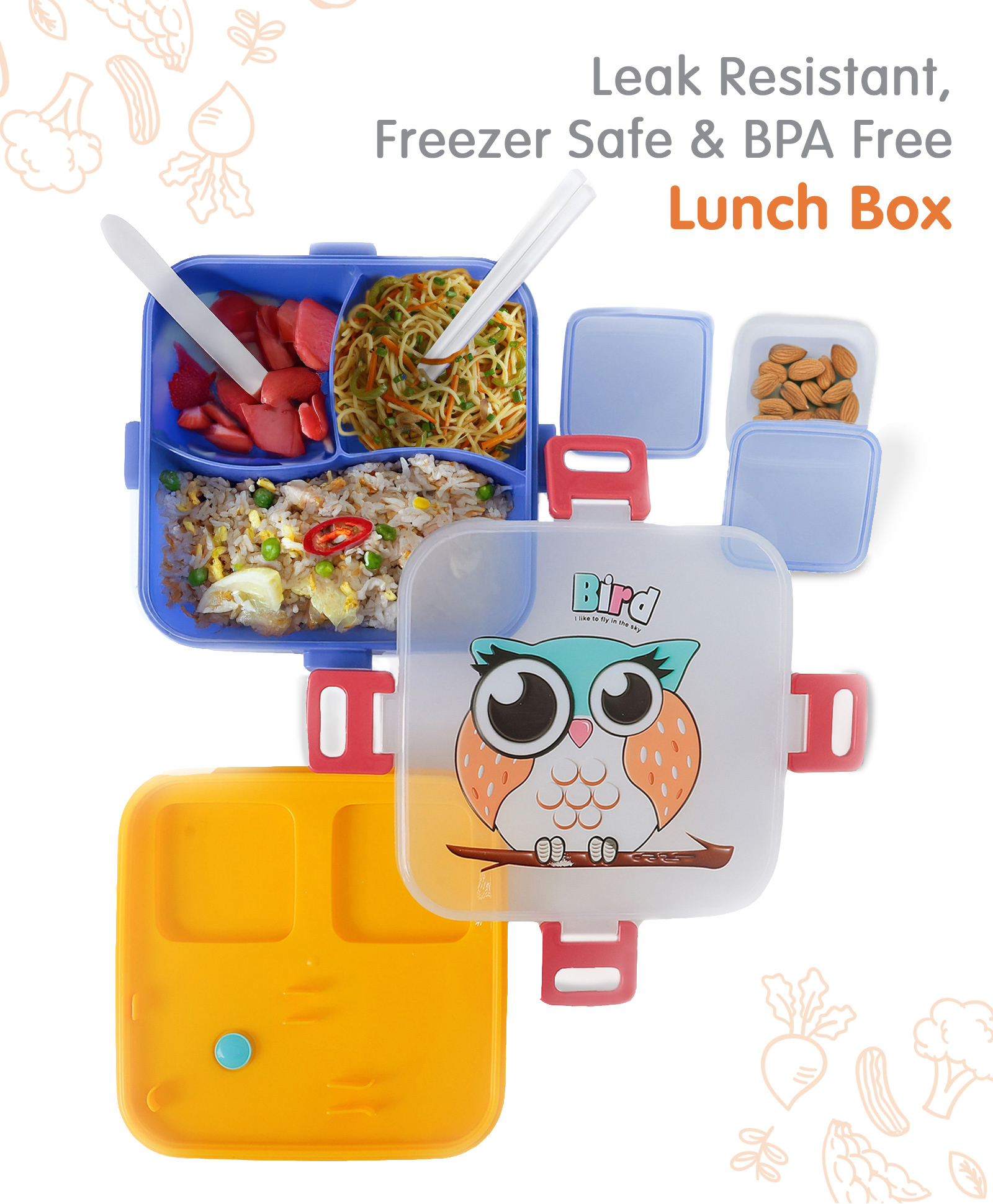 Portable Lunch Box with Spoon & Fork Owl Print - Blue-image-22