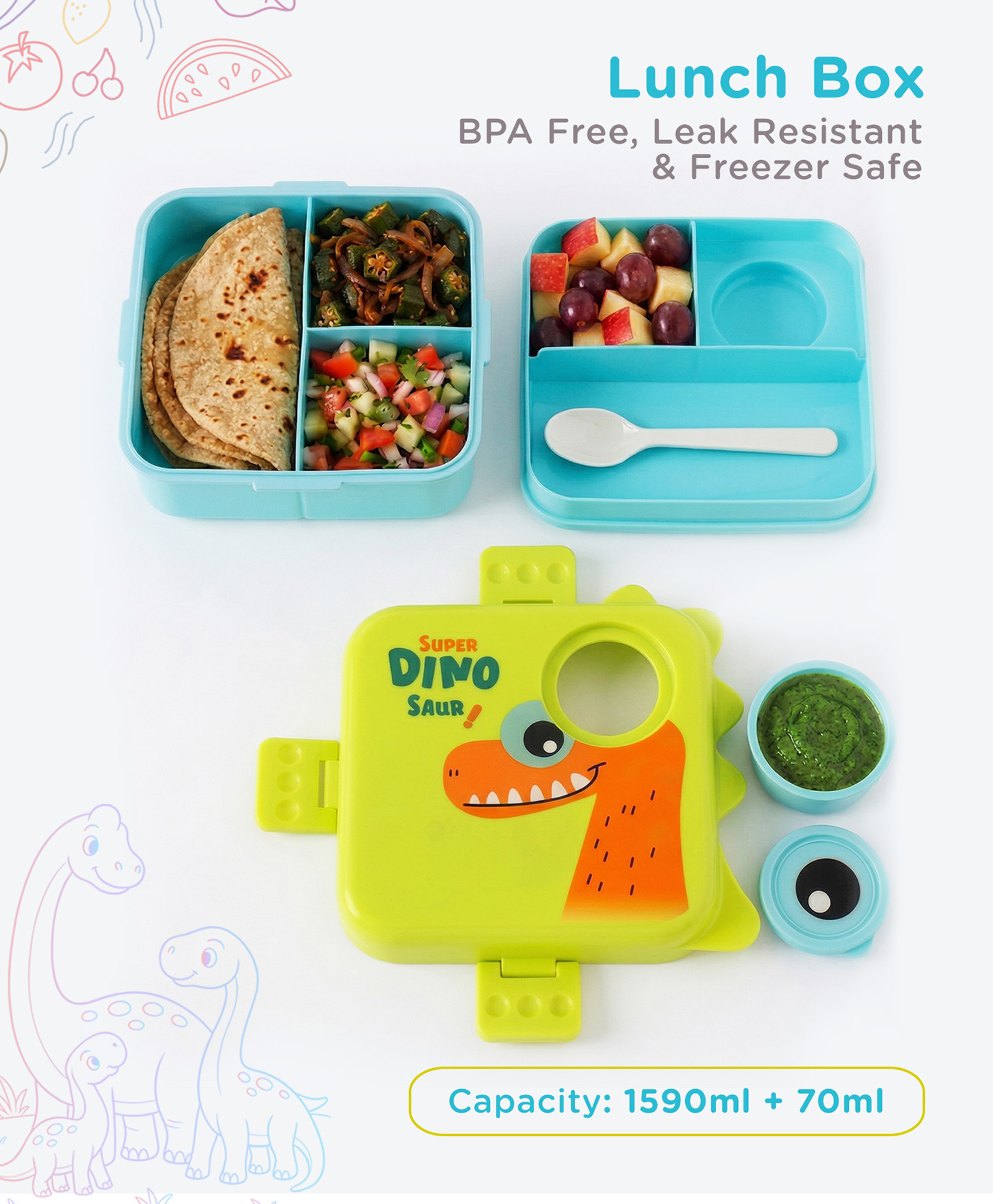 Dino Print Bento Lunch Box - Green-image-2