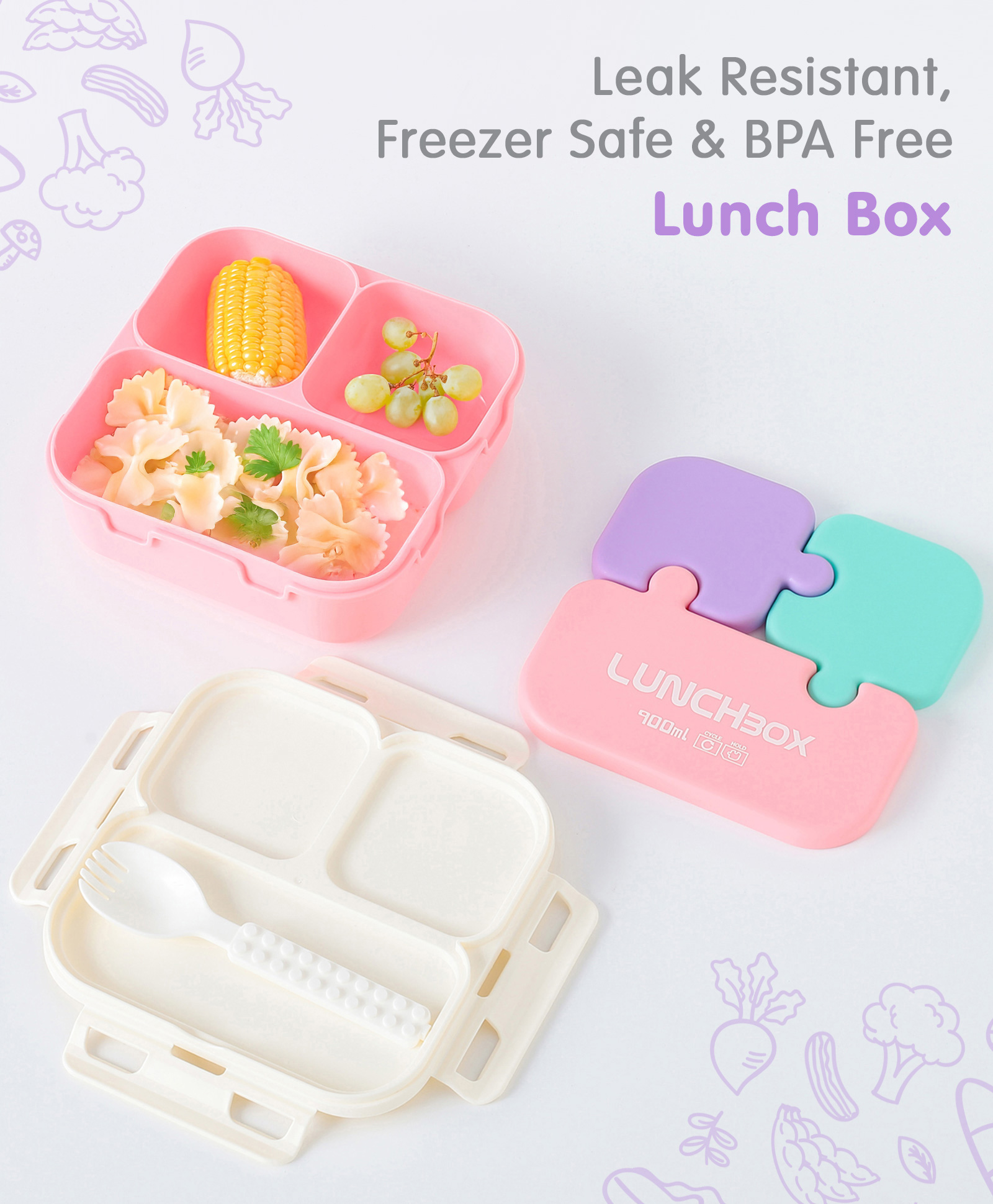 Portable Lunch Box with Spoon Text Print - Baby Pink-image-23