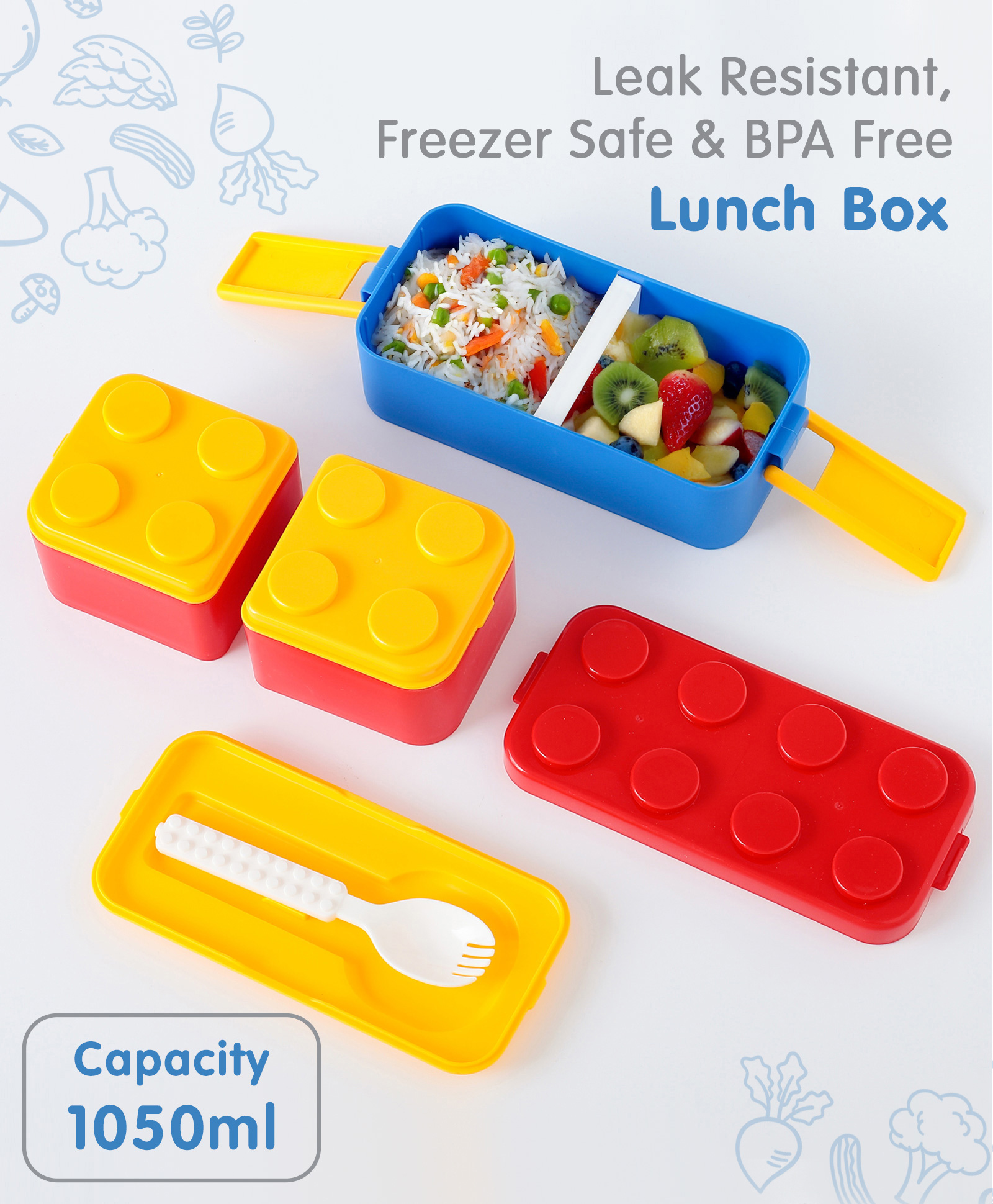 fab n funky Leak Proof Building Blocks Bento Lunch Box - Red-picture-30