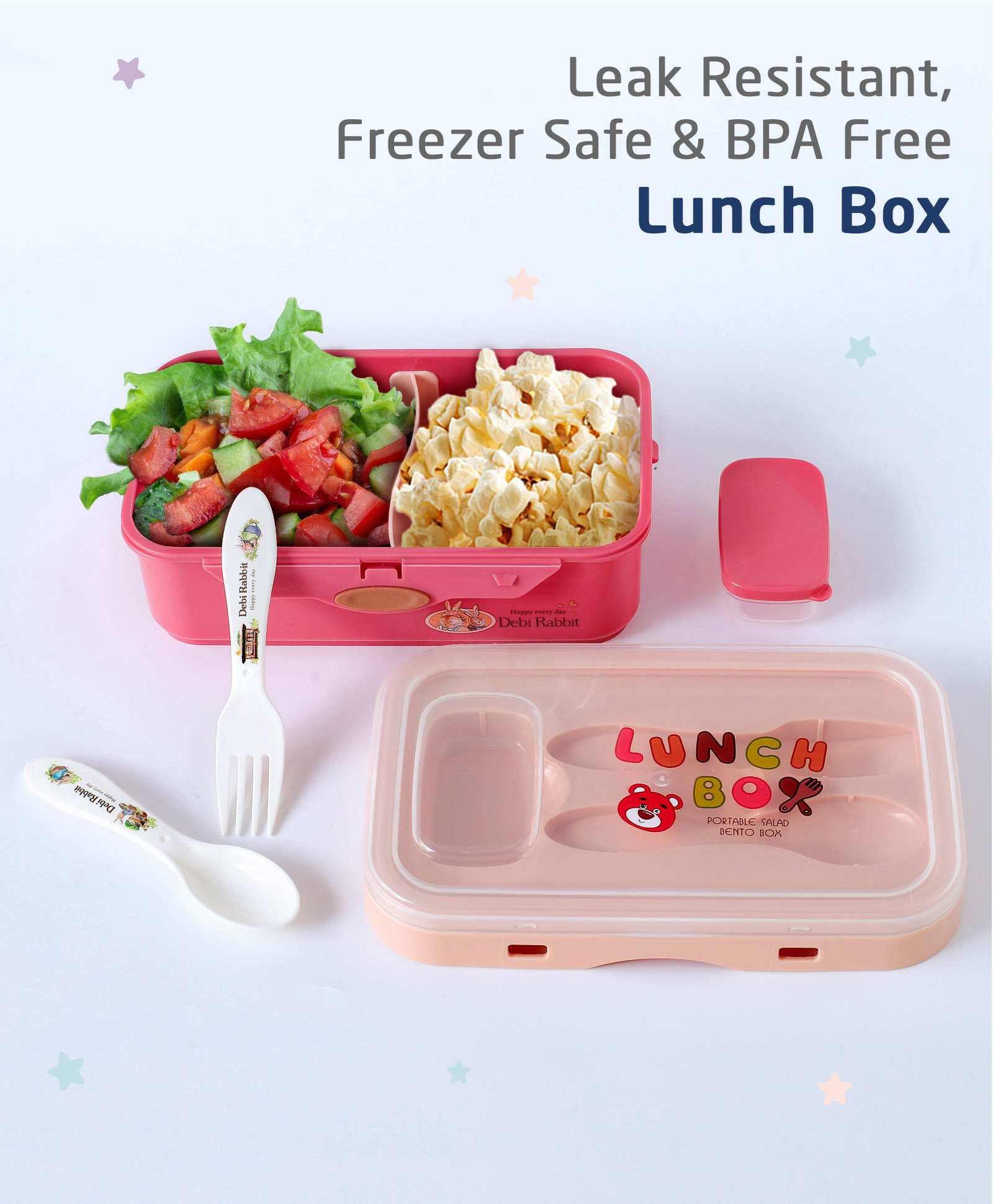 Zoe Bear PrintedLunch Boxwith Spoon &Fork - Pink-picture-8