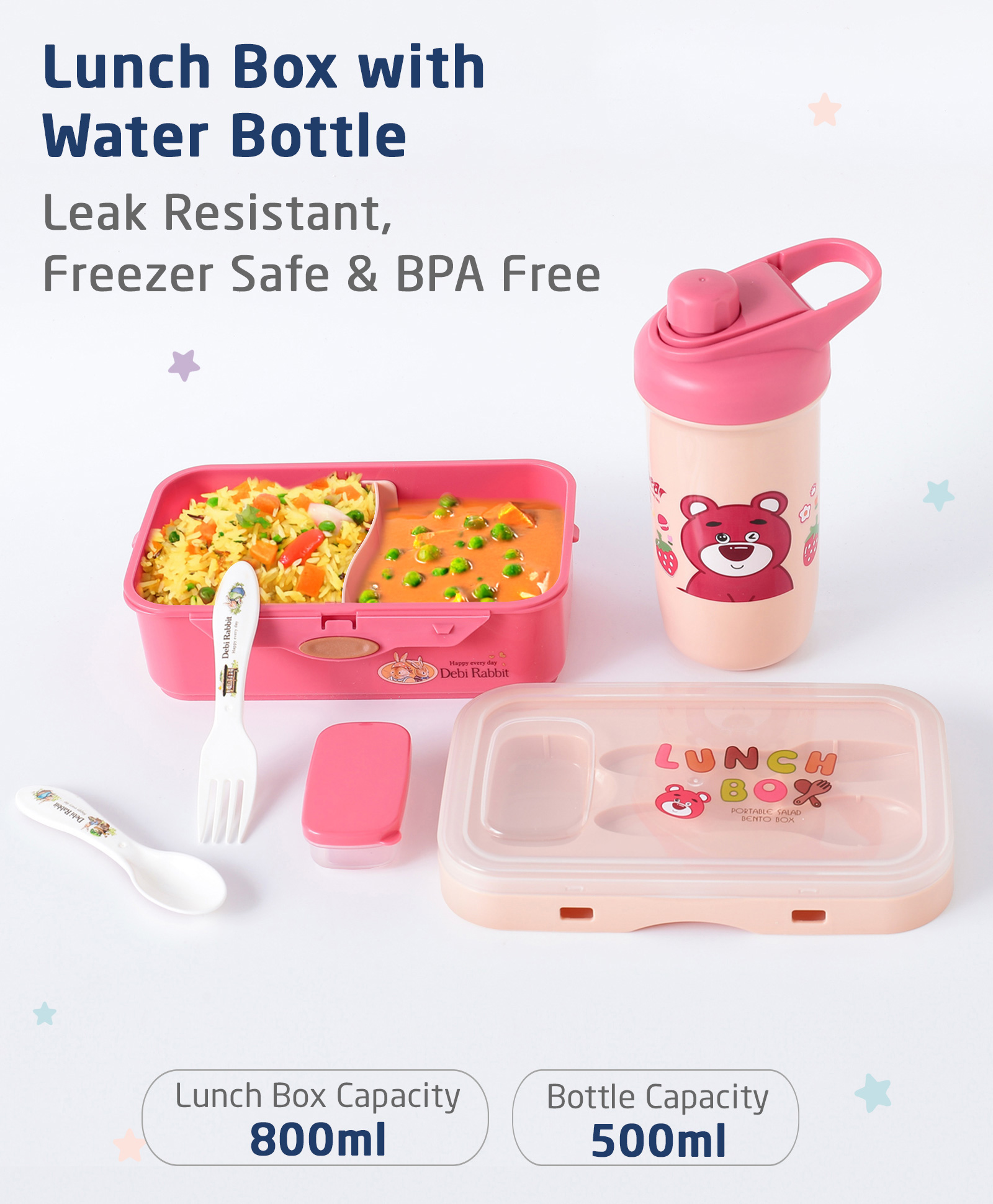 ZOE Freezer And Leak Proof Lunch Box Set With Water Bottle Bear Print - Pink-picture-21
