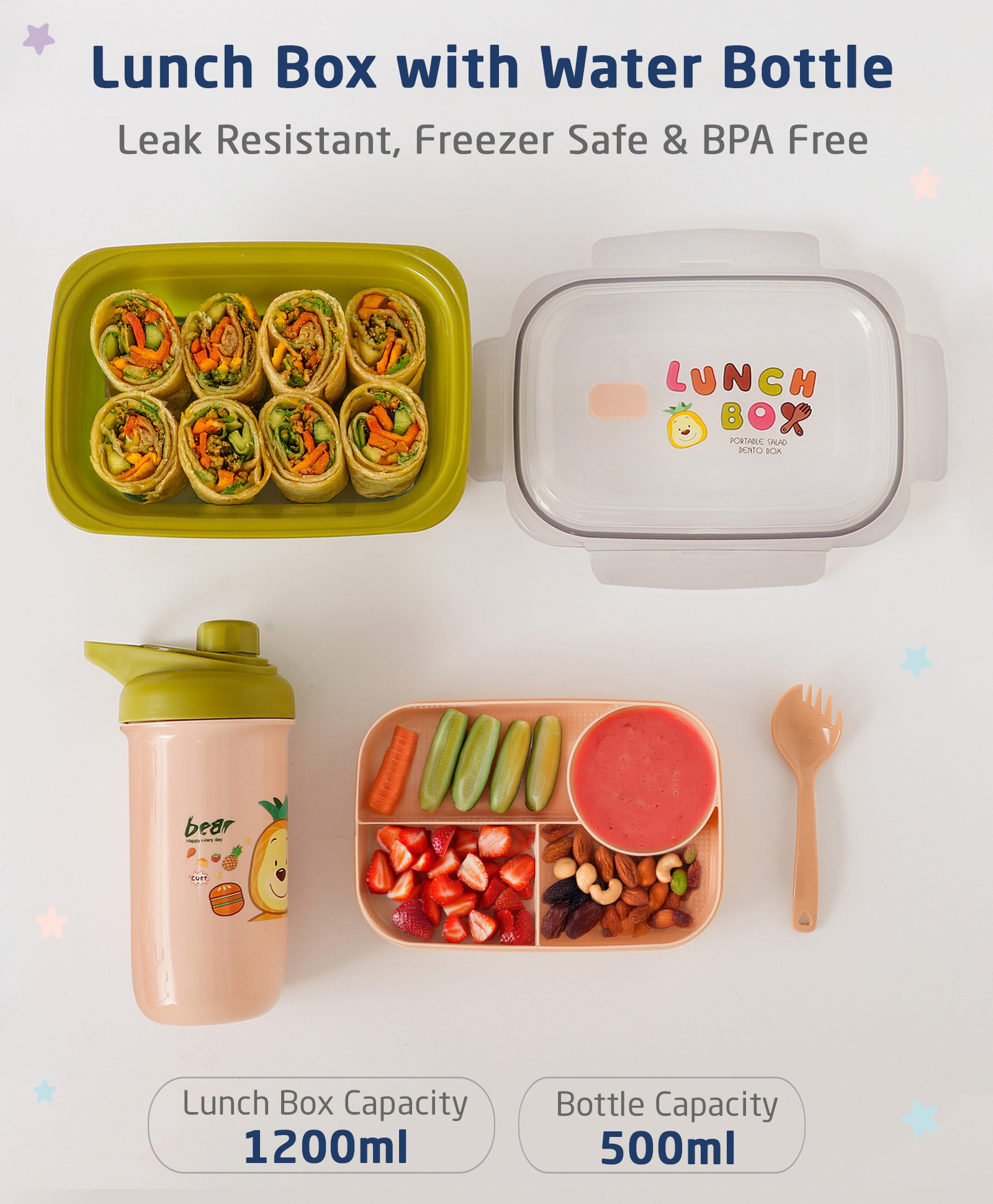 ZOE Freezer And Leak Proof Lunch Box Set With Water Bottle Cartoon Print - Olive Green-image-22