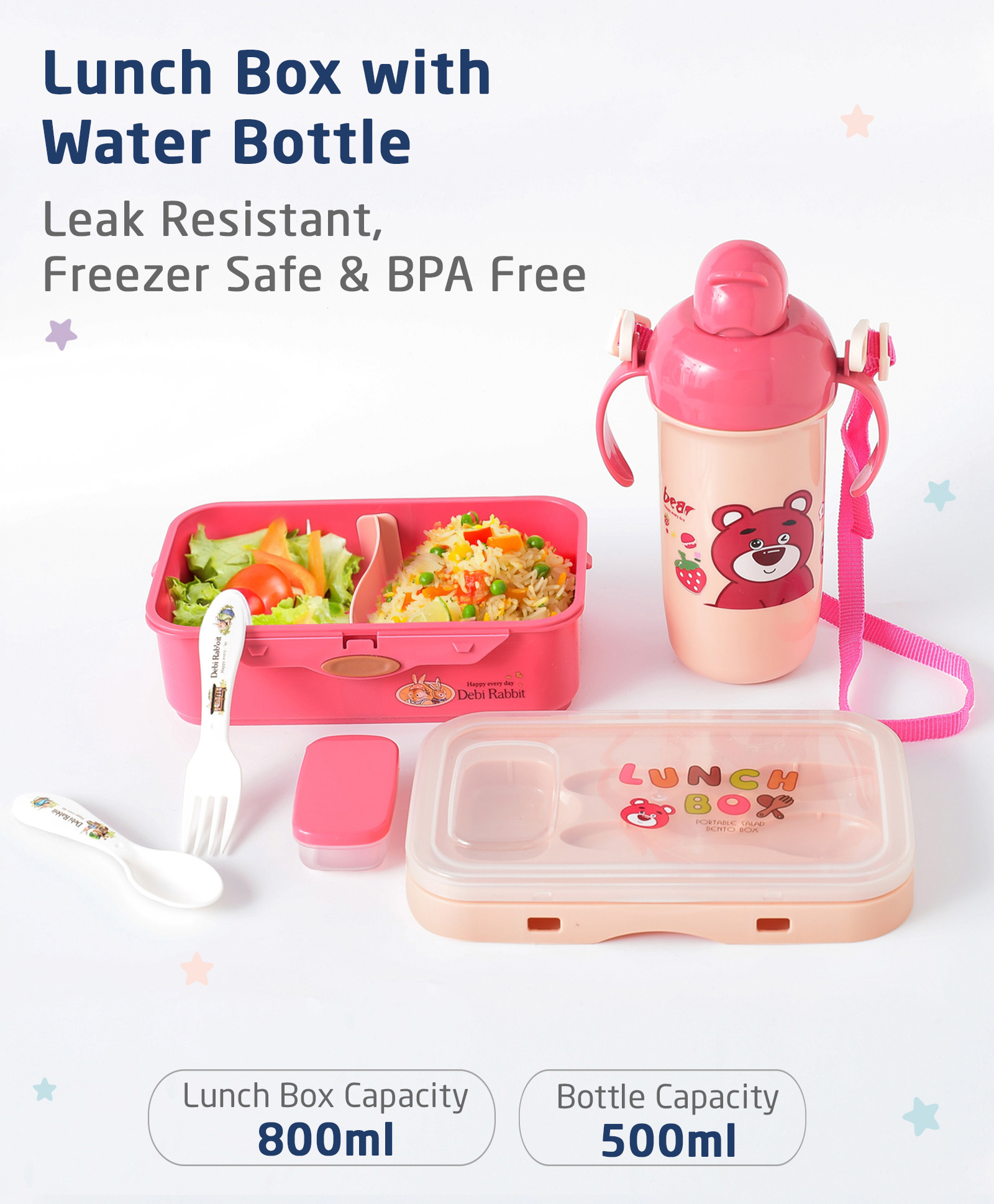 ZOE Portable Lunch Box with Bottle Set Bear Print - Baby Pink-image-21