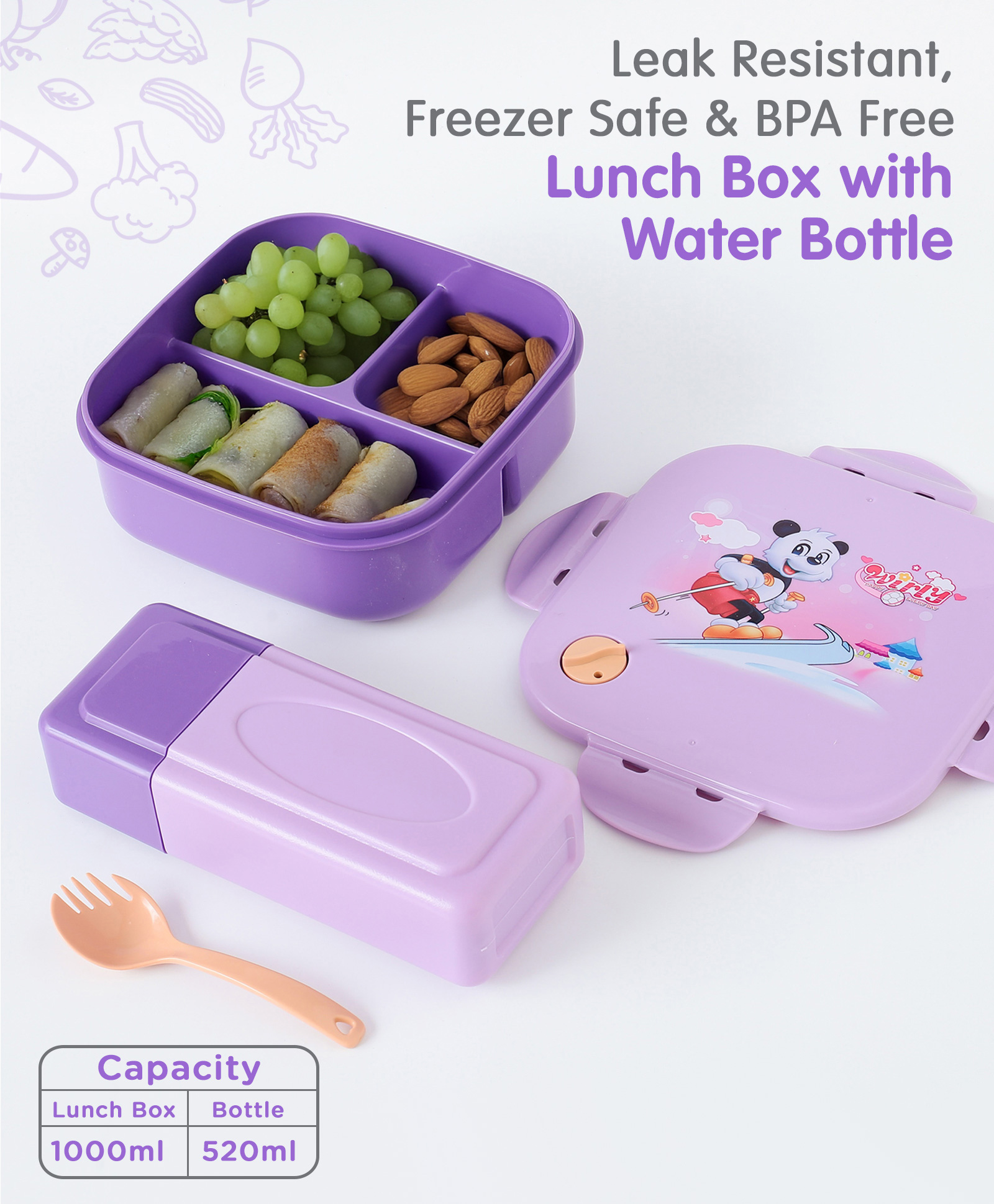 fab n funky Portable Lunch Box with Water Bottle Set with Print- Purple-picture-22