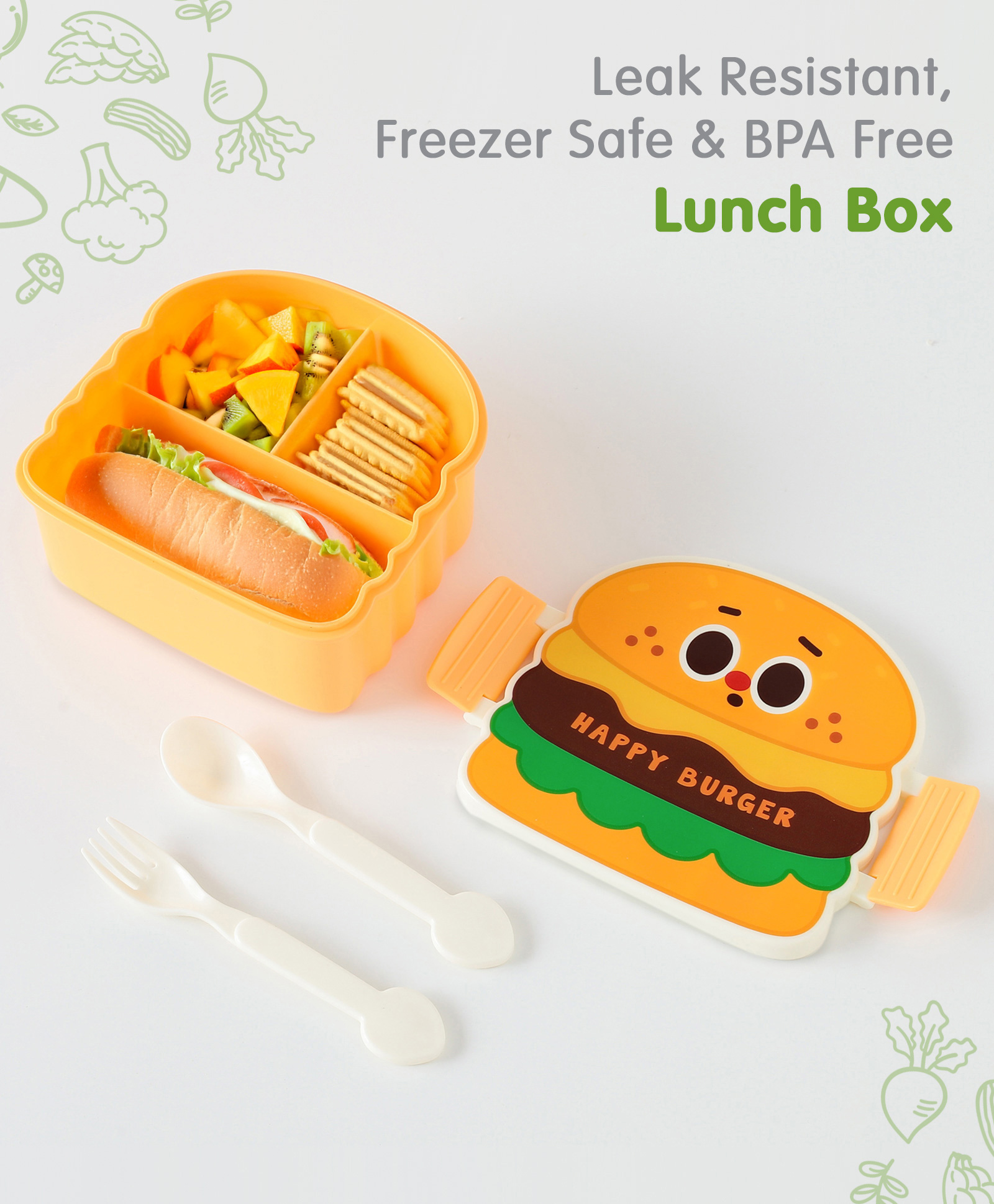 Burger Shape Lunch Box with Spoon & Fork -Yellow-image-0