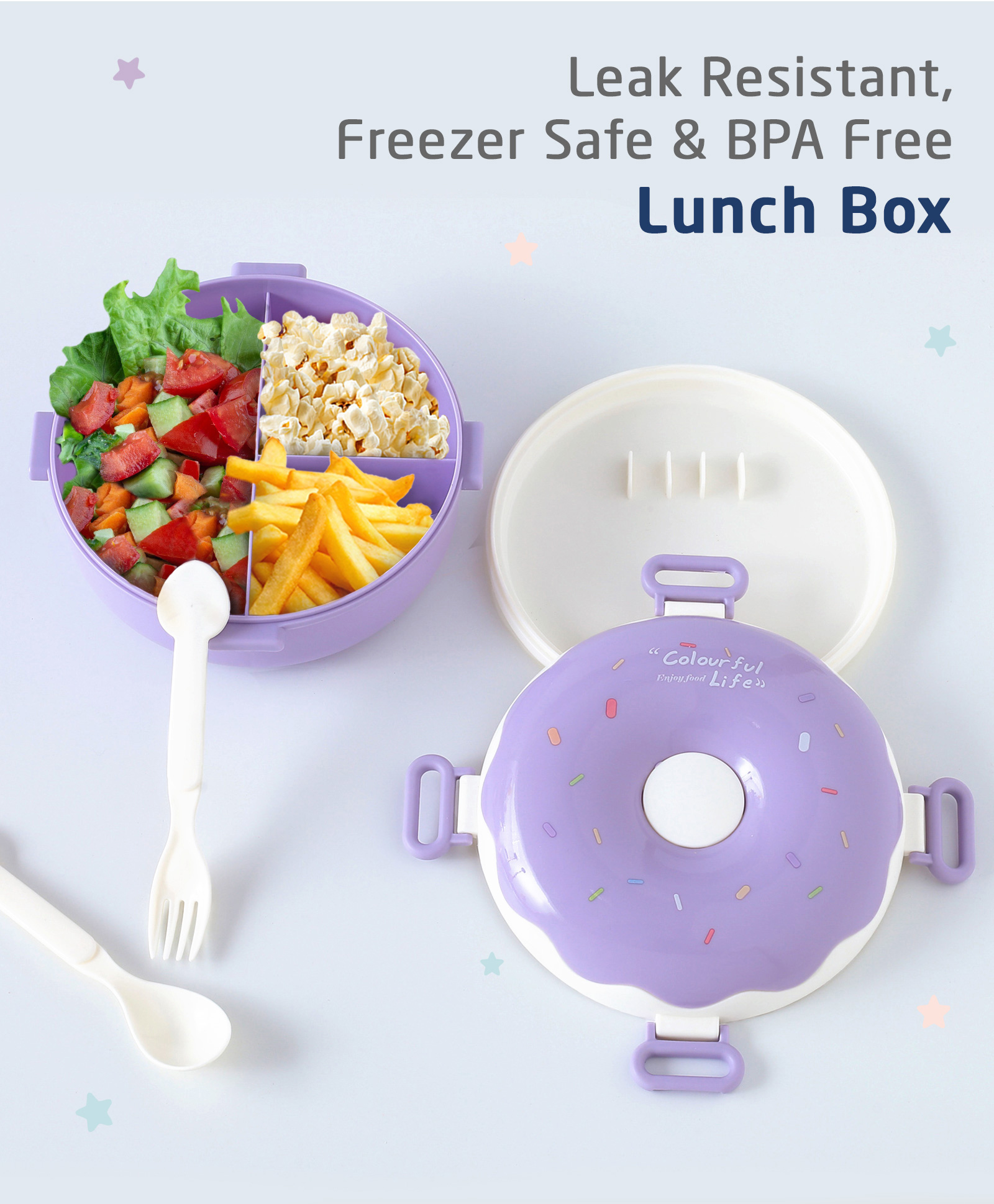 ZOE Portable Donut Shape Lunch Box With Spoon and Fork- Purple-picture-33