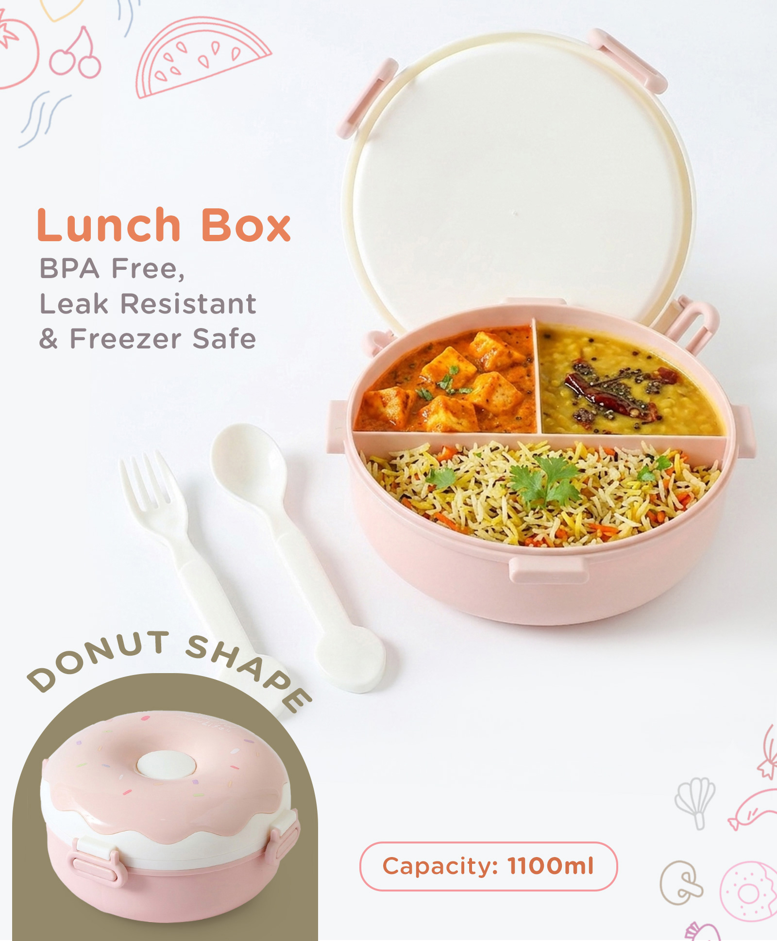 Leak-Proof & Freezer Safe Donuts Shaped Lunch Box - Pink-image-48