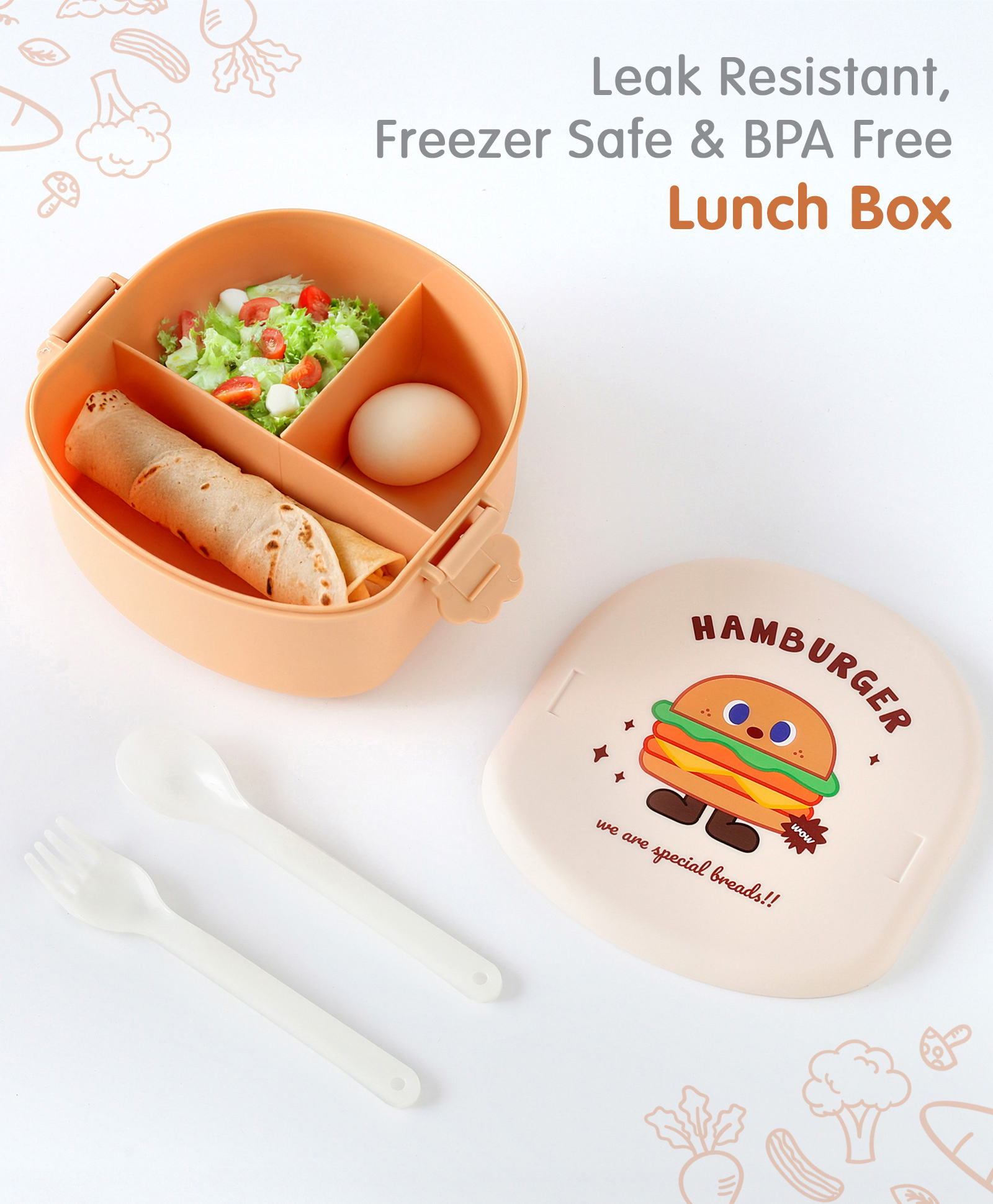 Hamburger Shaped Lunch Box with Spoon & Fork - Cream-image-41