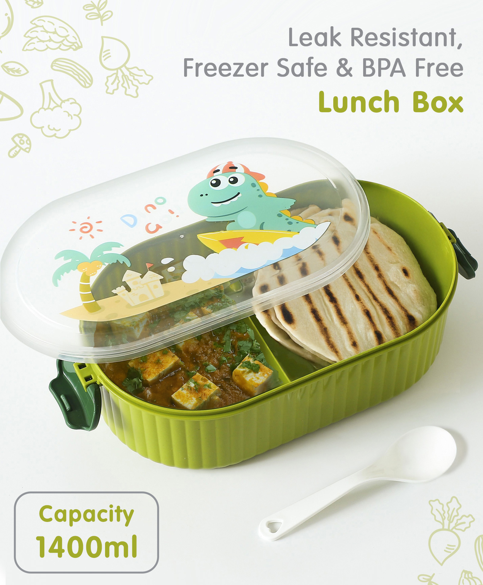 Leak Proof And Freezer Safe Dino Print Lunch Box - Green-image-2