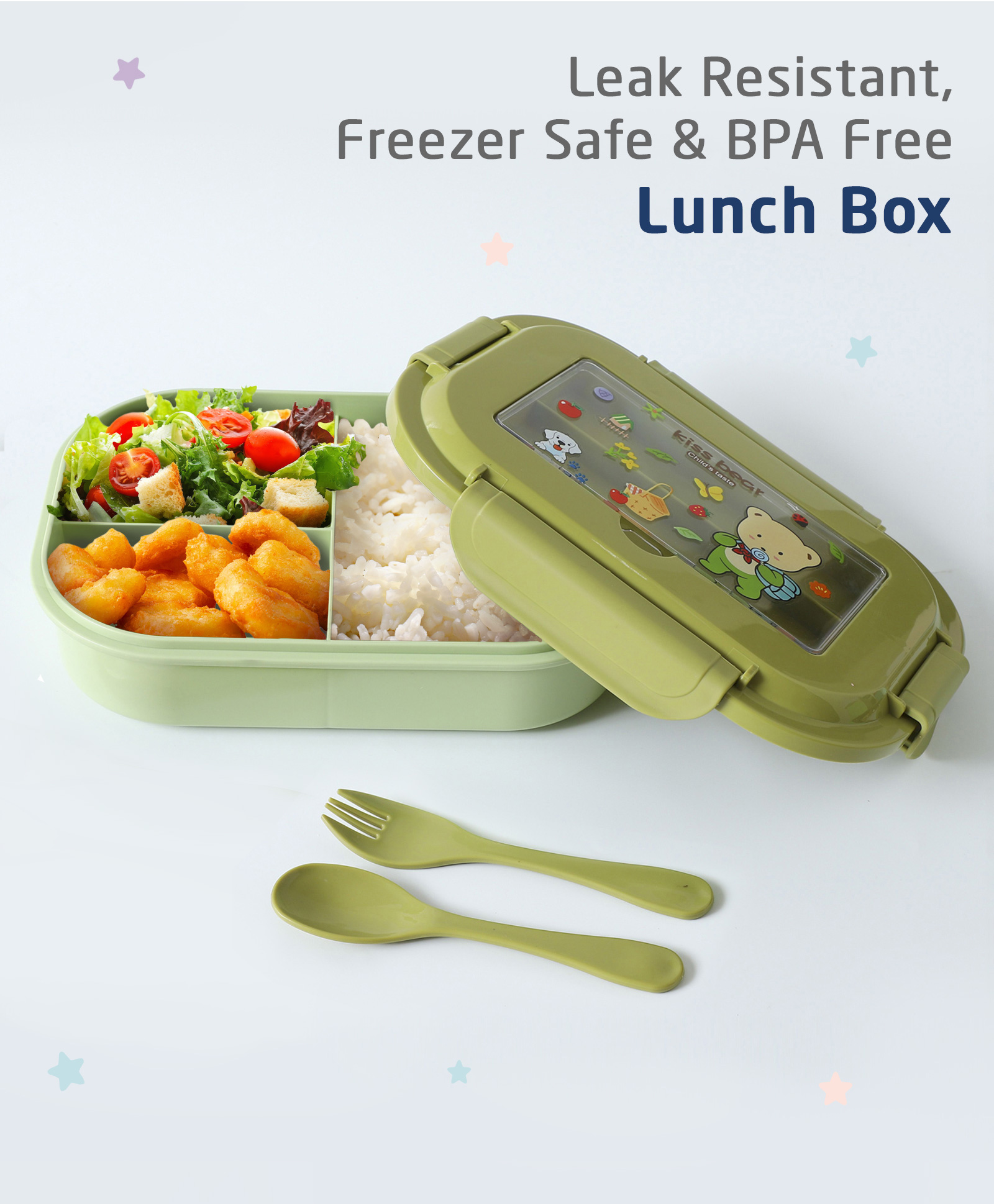 ZOE Leak Proof And Freezer Safe Bear Print Lunch Box - Green-image-38