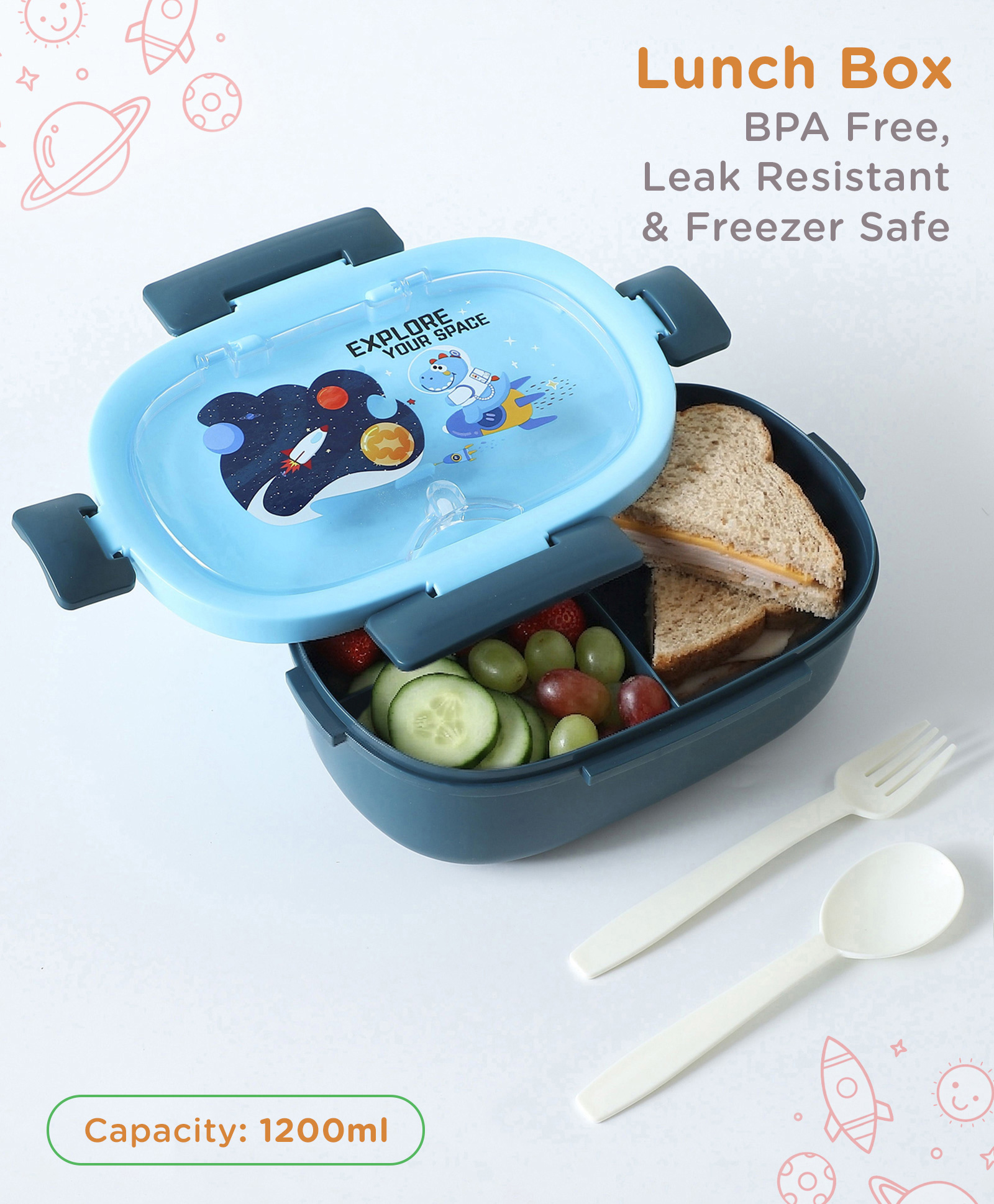 Leak Proof And Freezer Safe Space Theme Print Lunch Box - Blue-image-33