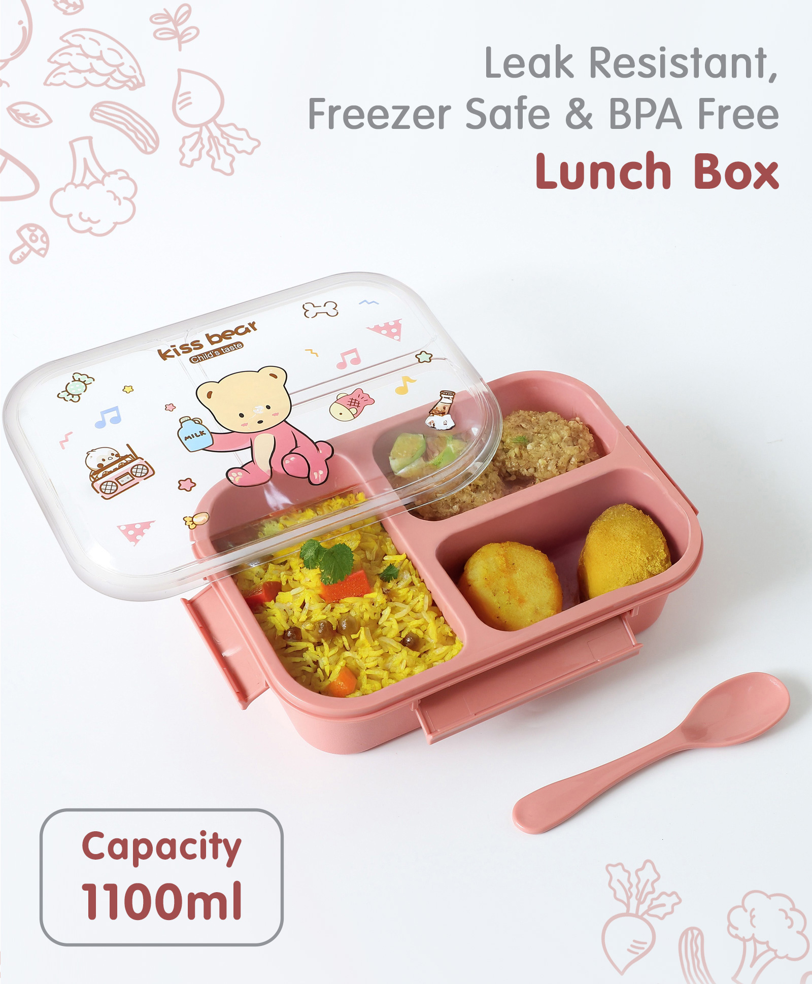 Leak Proof And Freezer Safe Bear Print Lunch Box - Pink-image-8
