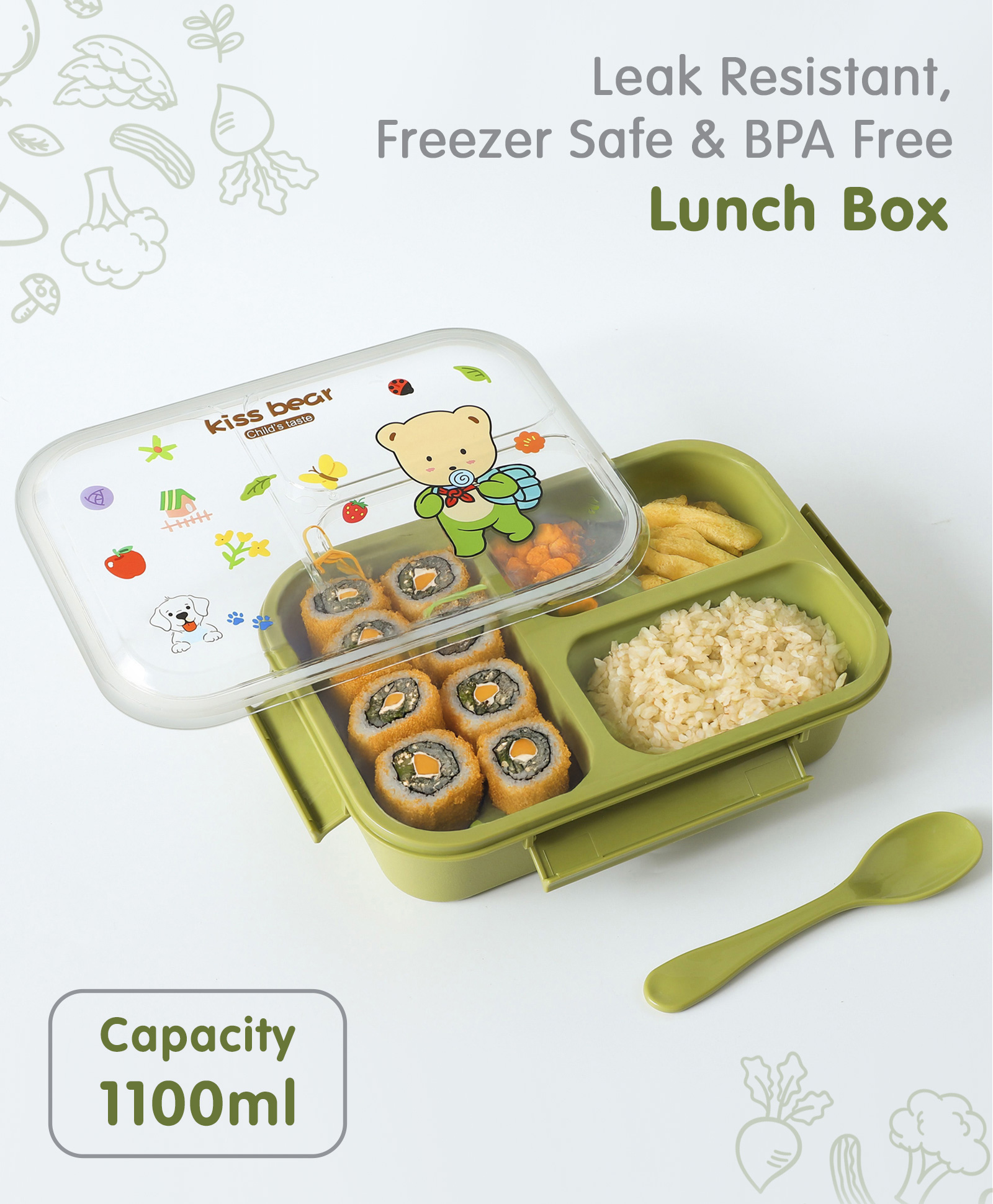 Leak Proof And Freezer Safe Bear Print Lunch Box - Green-image-6