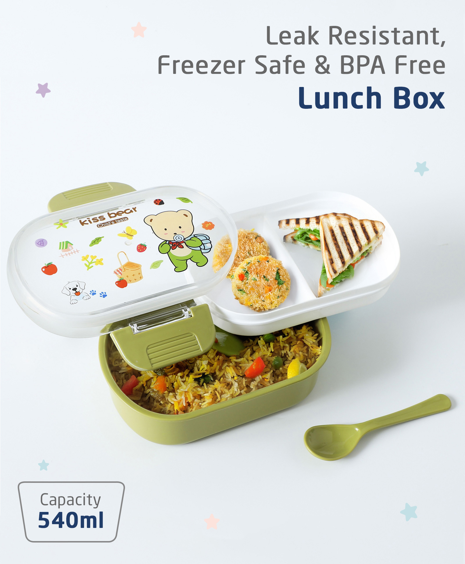 ZOE Leak-Proof & Freezer Safe Lunch Box with Bear Print - Green-picture-11