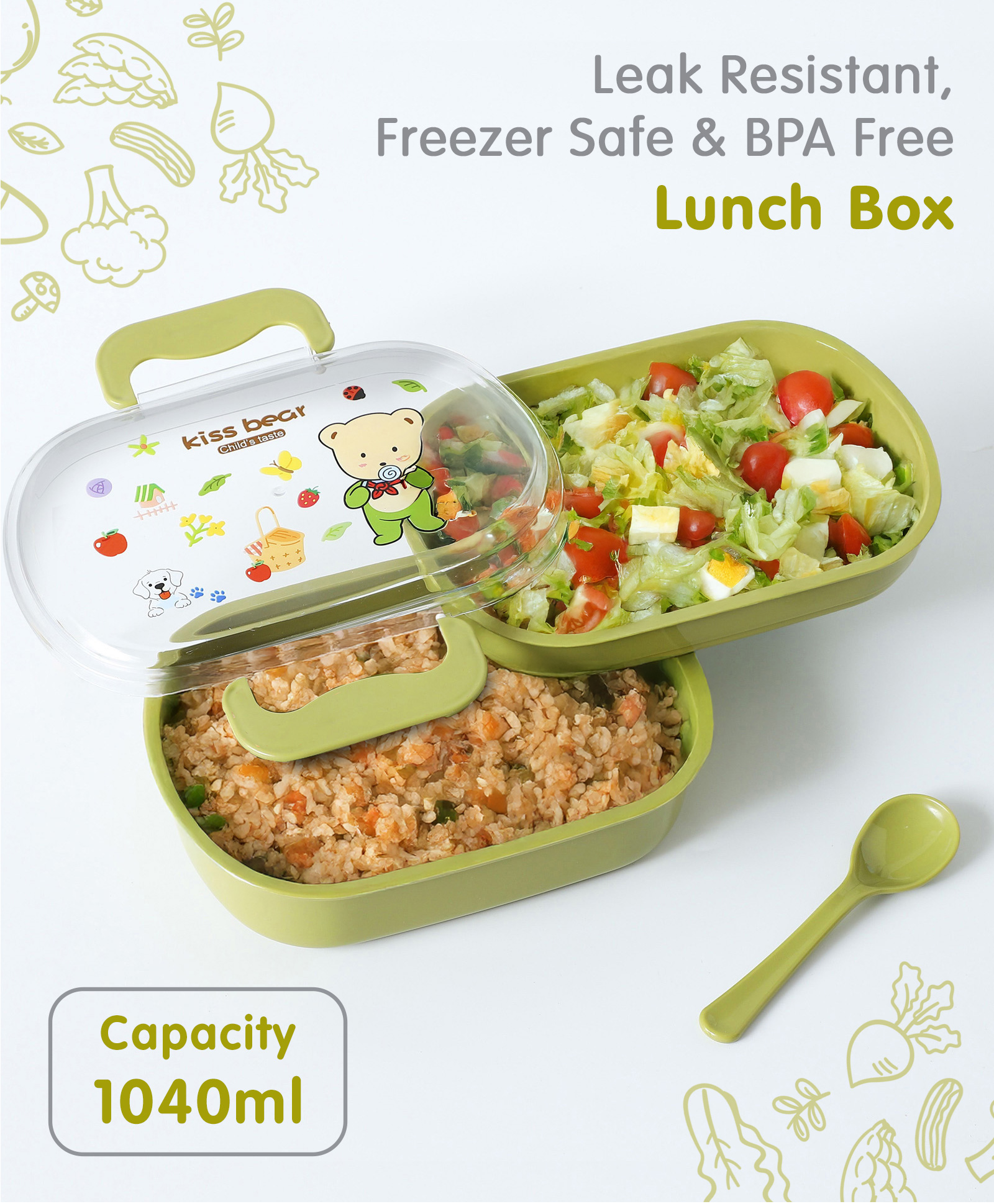 Leak Proof And Freezer Safe Bear Print Lunch Box - Green-image-0