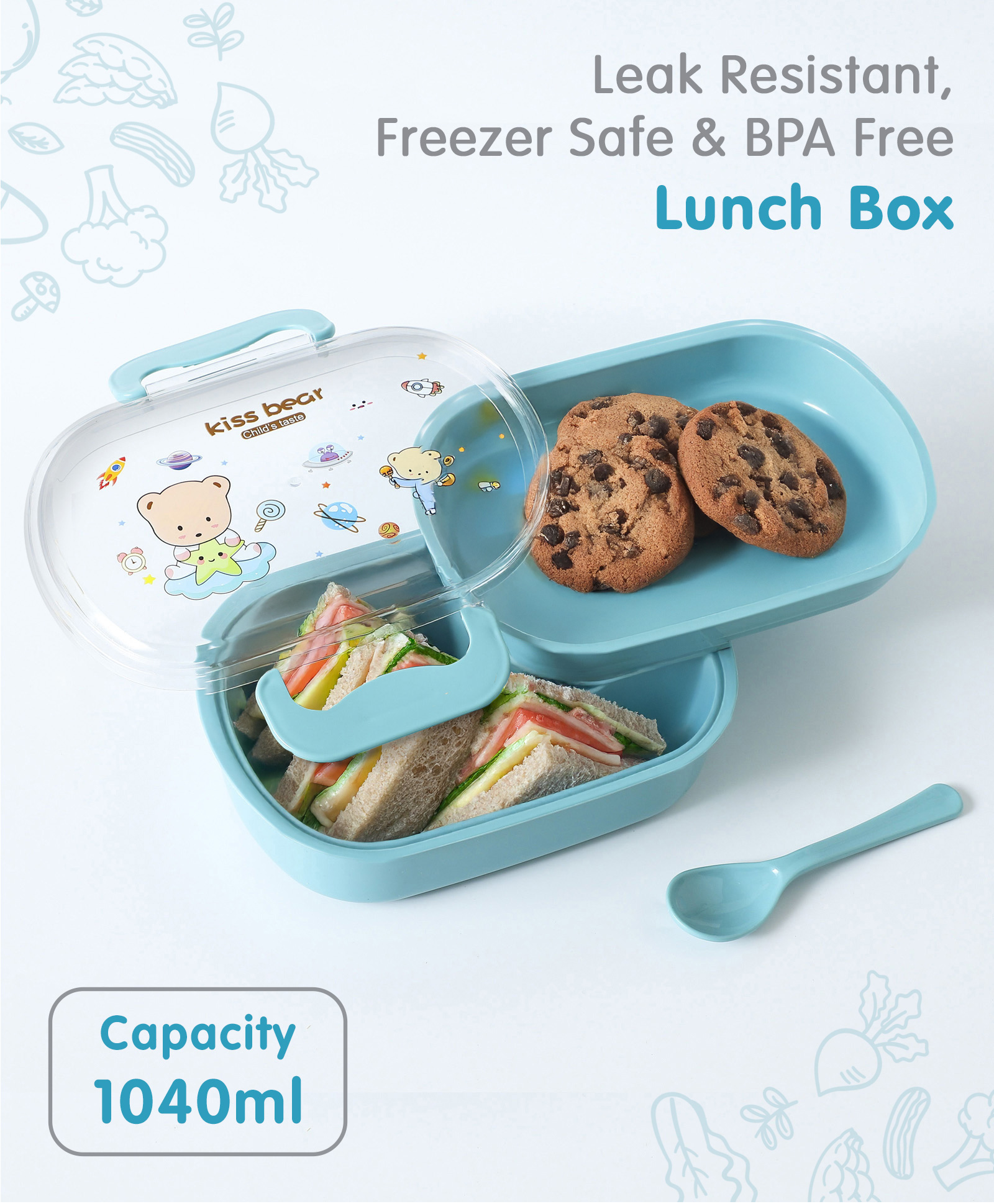 Leak Proof And Freezer Safe Bear Print Lunch Box - Sky Blue-image-32