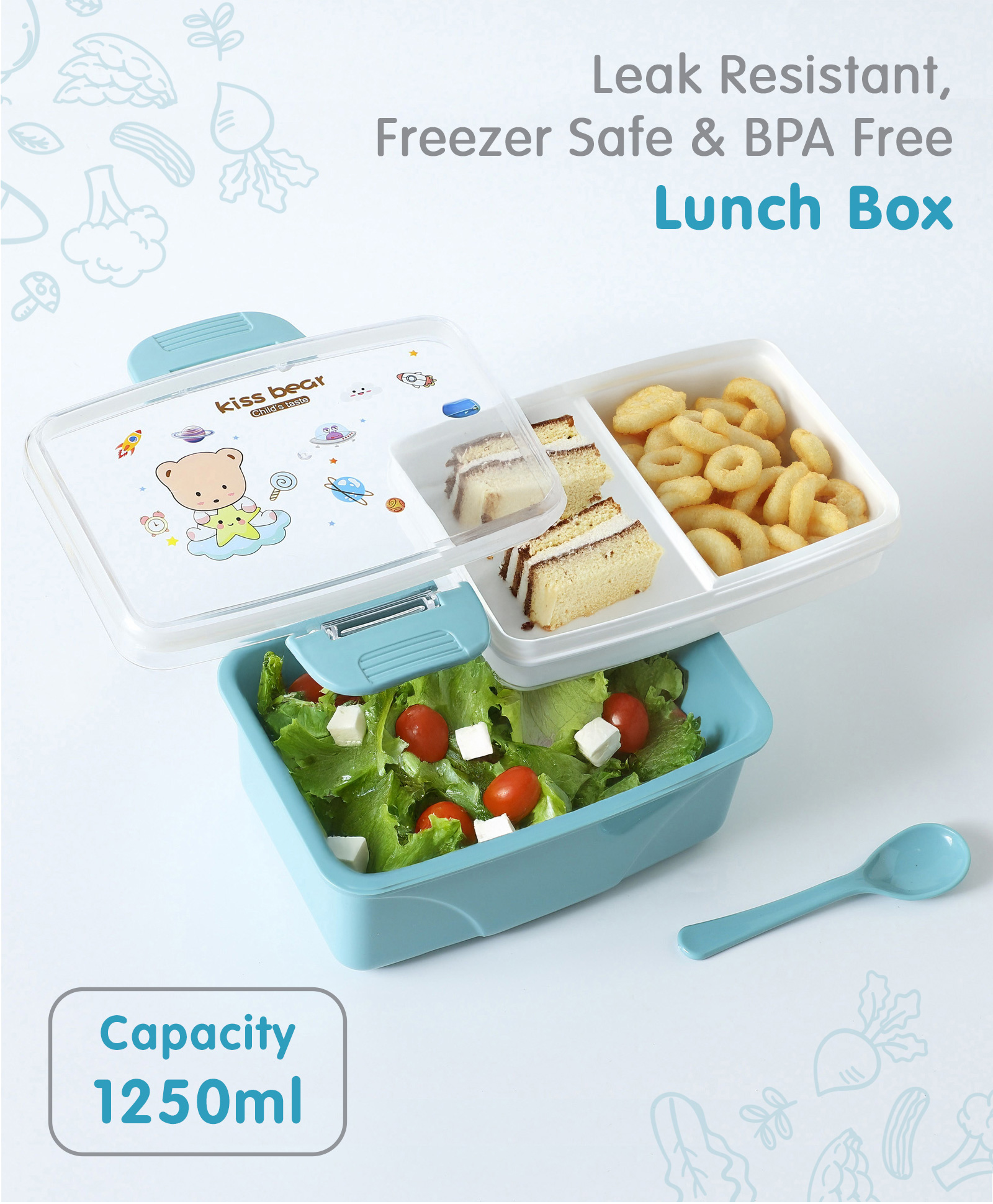 Leak Proof And Freezer Safe Bear Print Lunch Box - Blue-image-48