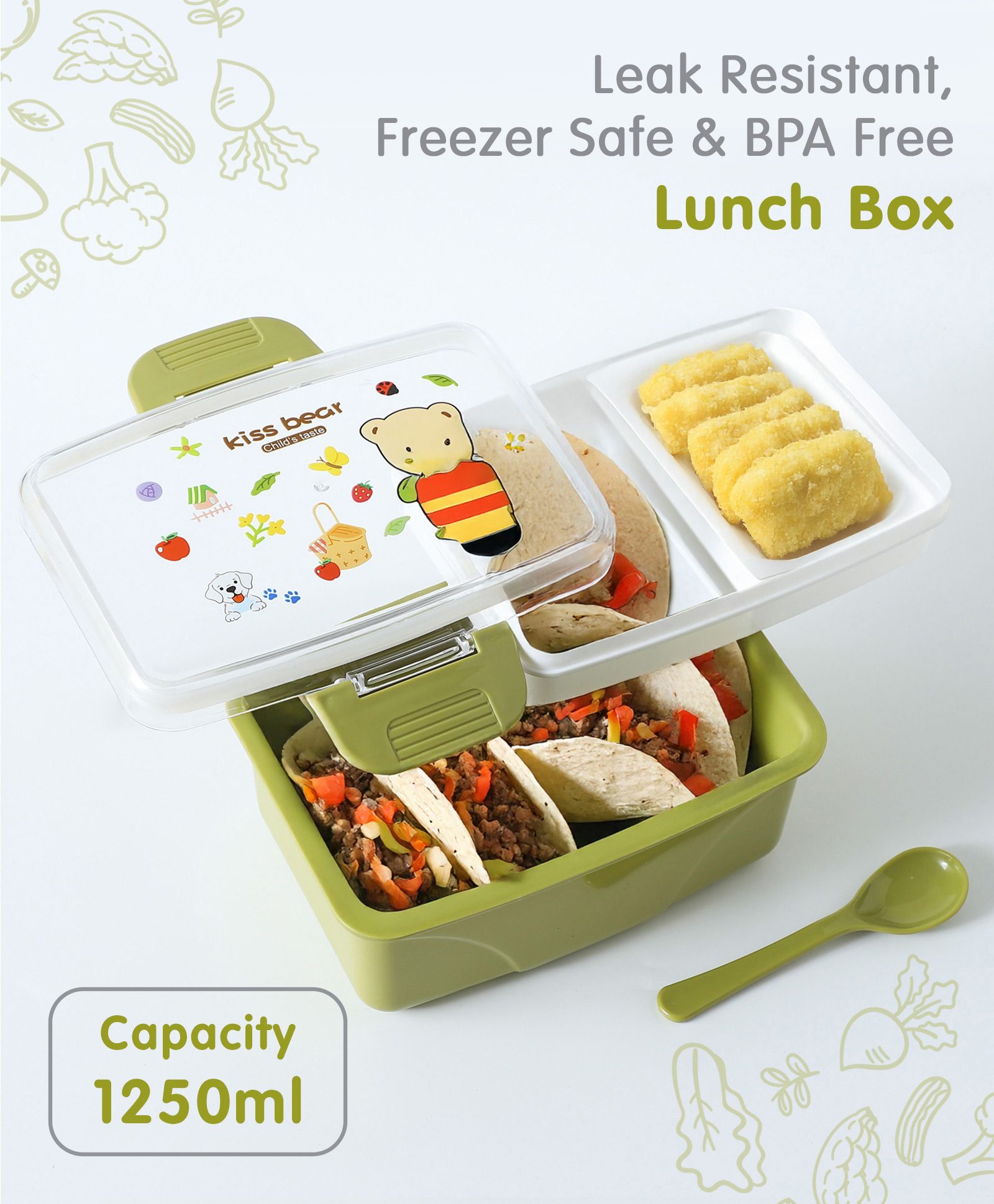 Leak Proof And Freezer Safe Bear Print Lunch Box - Green-image-1